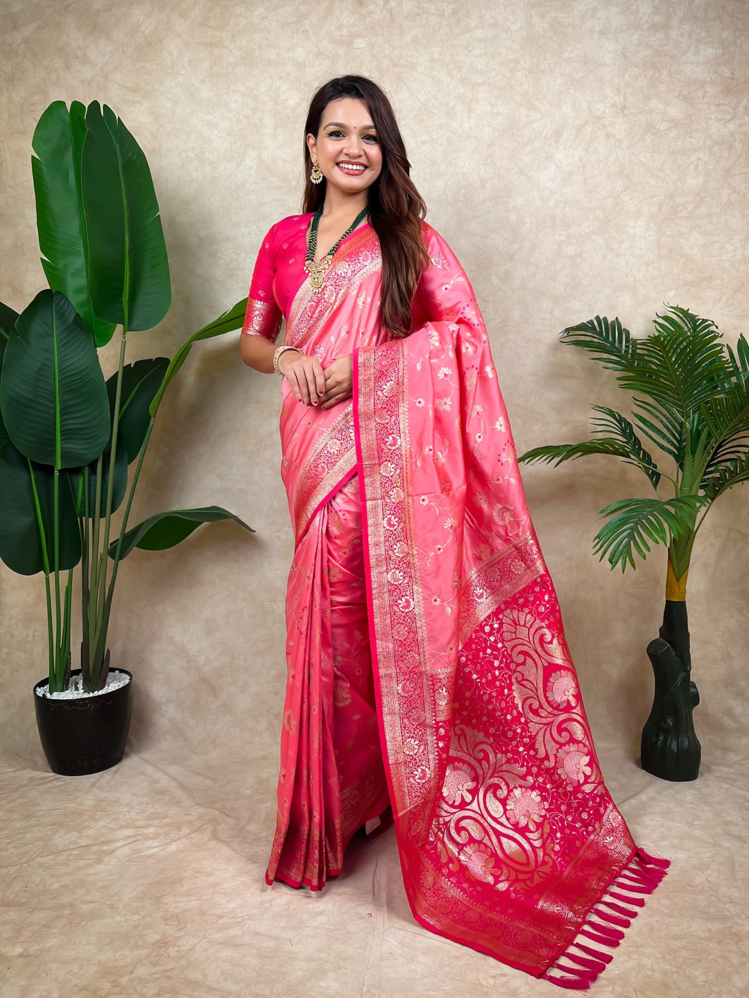 Baby Pink Woven Zari Banarasi Silk Saree
