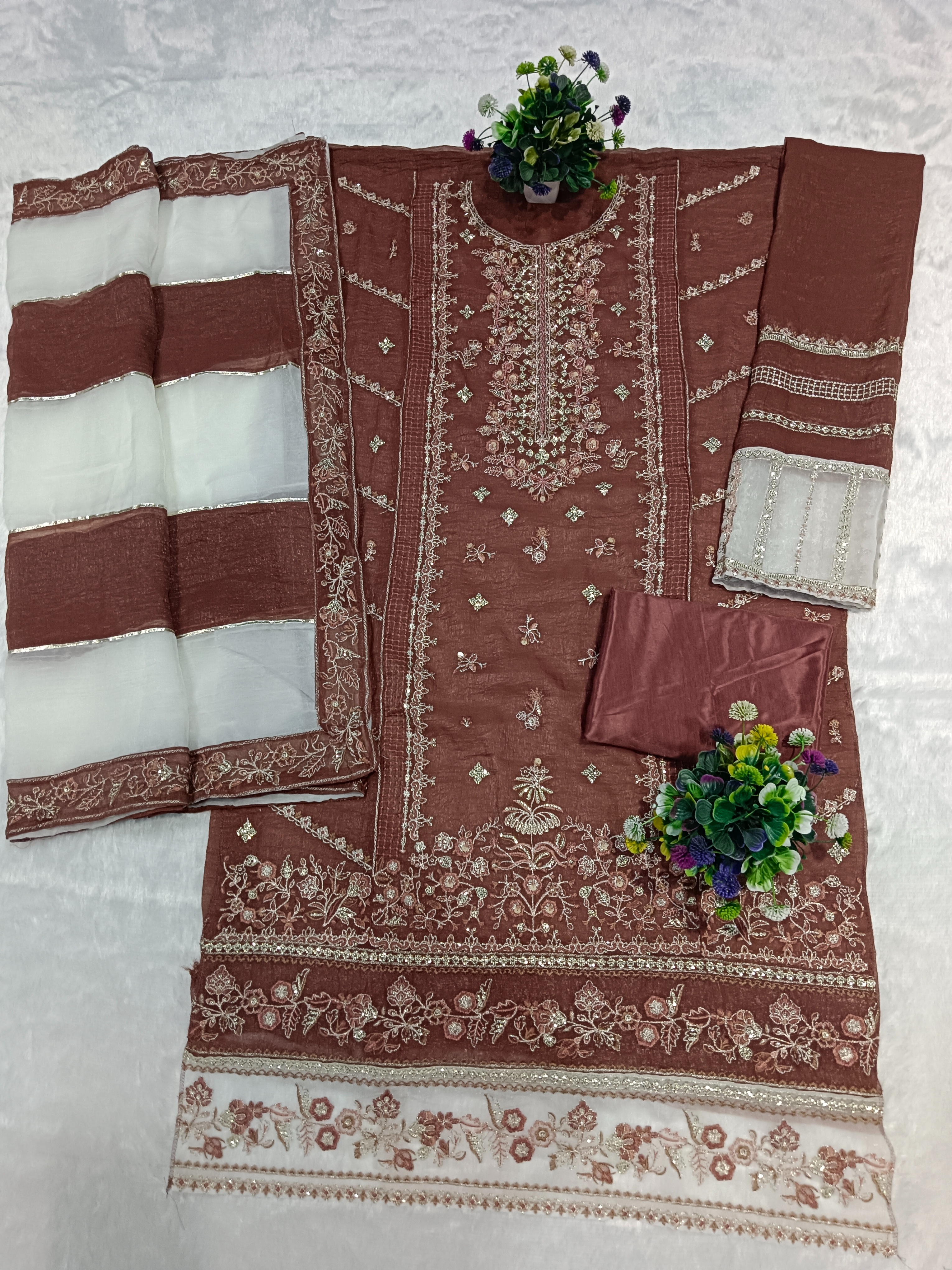 Badami Mughal Embroidered Crunchy Silk Salwar Suit