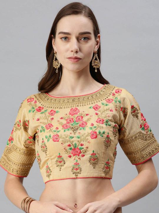 Beige Art Silk High Neck Embroidery Readymade Blouse