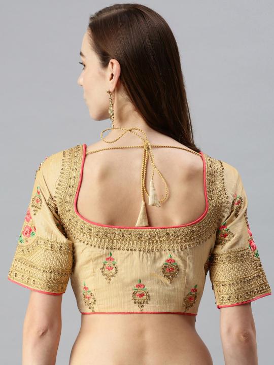 Beige Art Silk High Neck Embroidery Readymade Blouse — alternate view