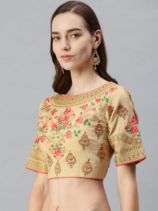 Beige Art Silk High Neck Embroidery Readymade Blouse