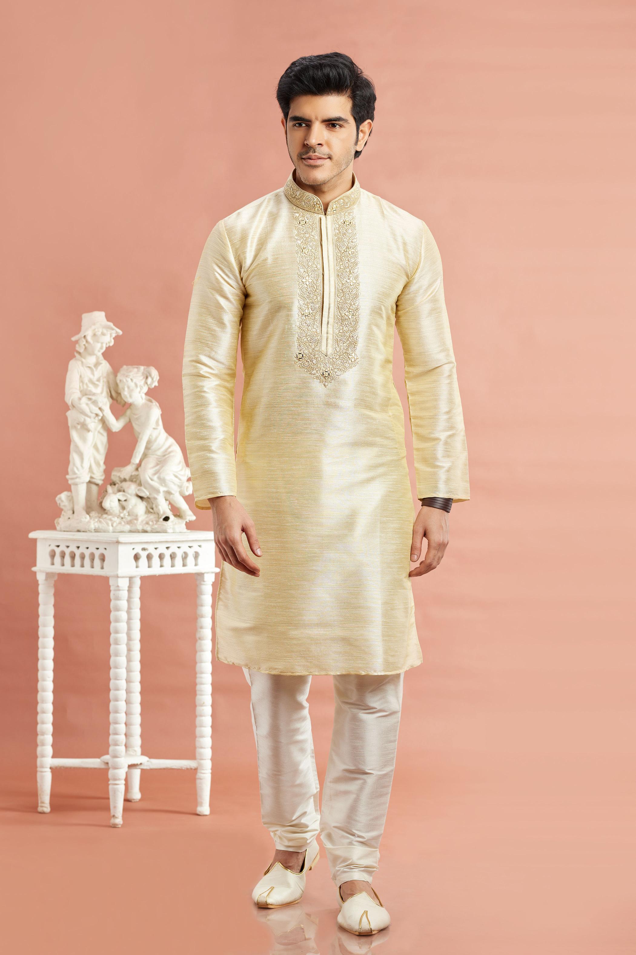 Beige Banarasi Silk Embroidered Kurta Pyjama