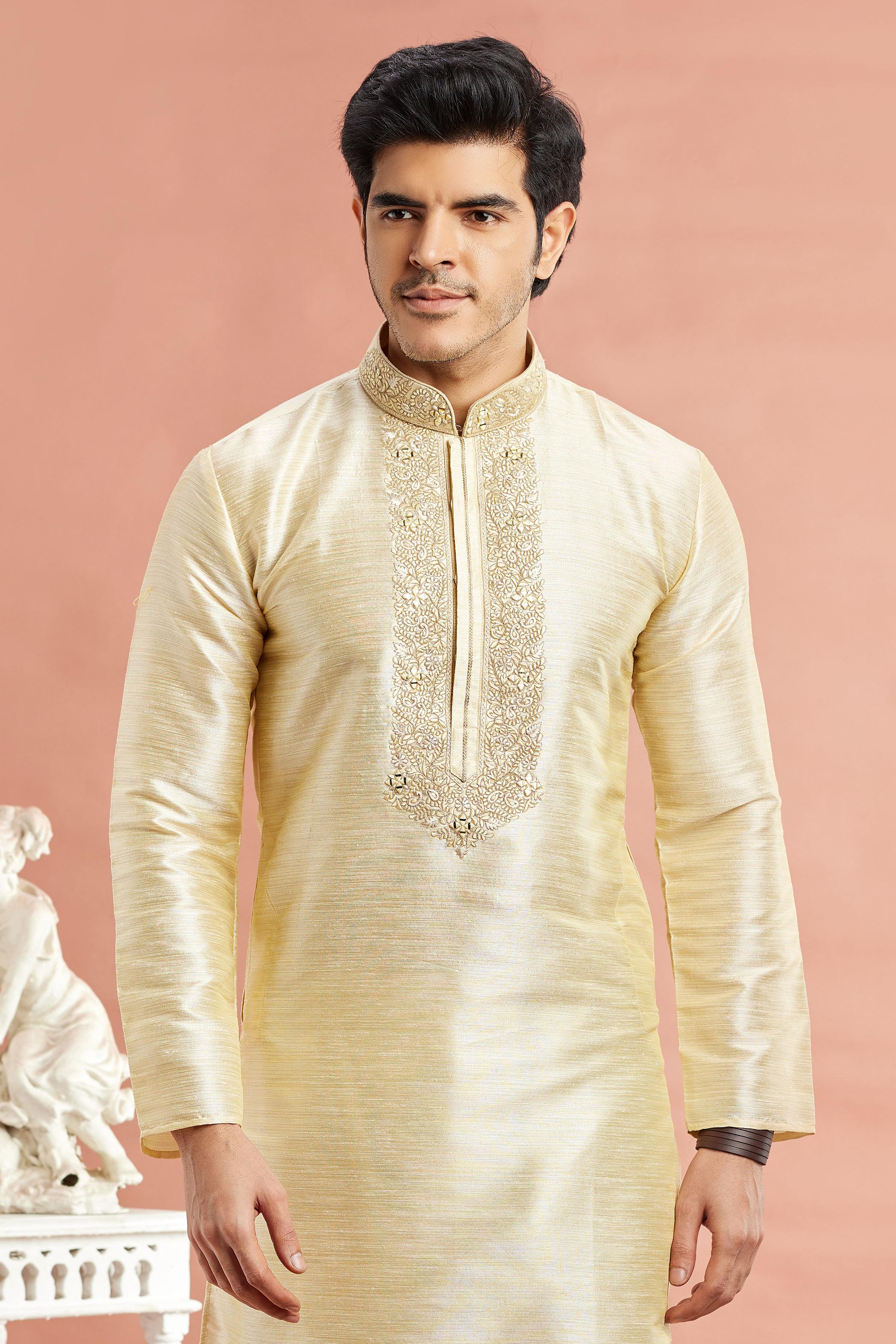Beige Banarasi Silk Embroidered Kurta Pyjama