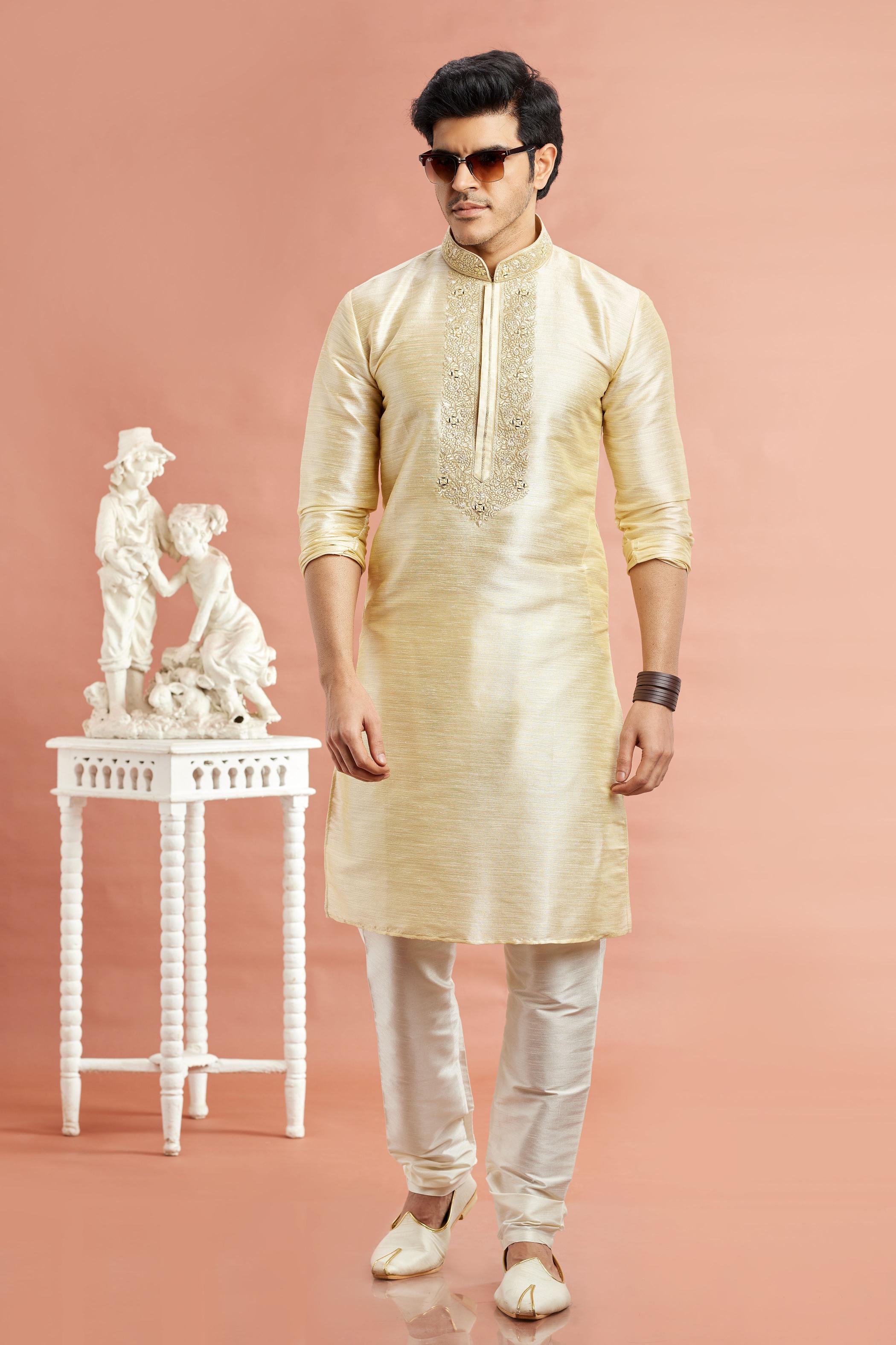 Beige Banarasi Silk Embroidered Kurta Pyjama