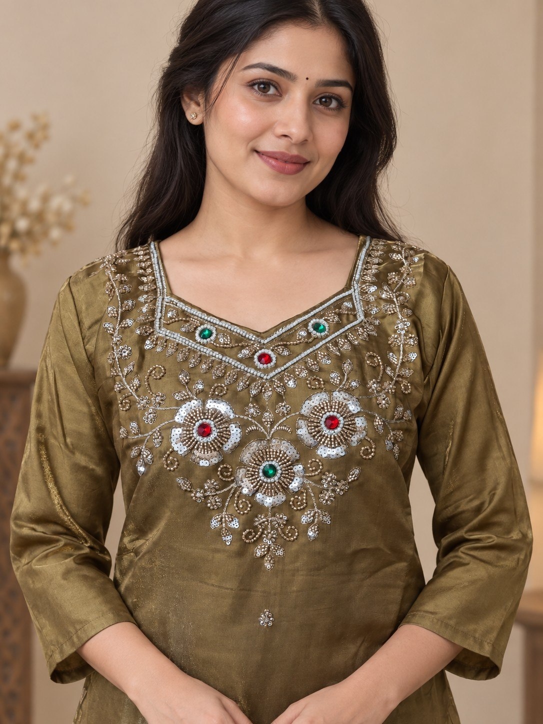 Beige Beaded Glass Silk Palazzo Suit — alternate view