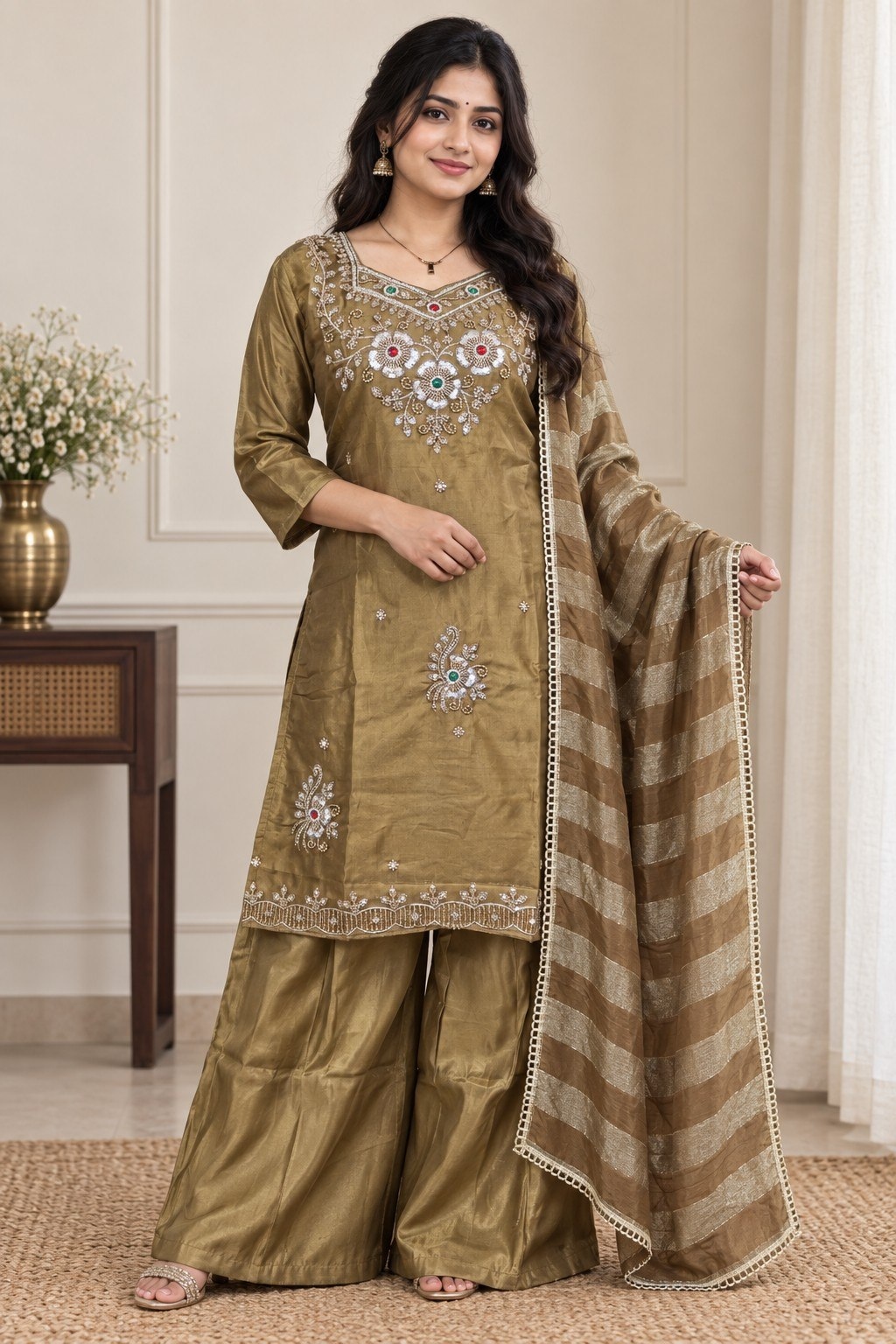 Beige Beaded Glass Silk Palazzo Suit