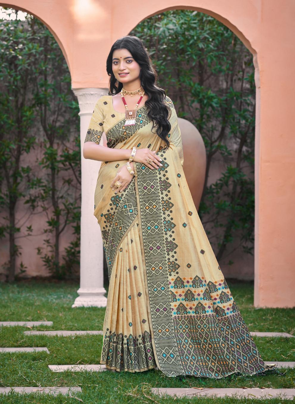 Beige Black Geometric Woven Assam Silk Saree