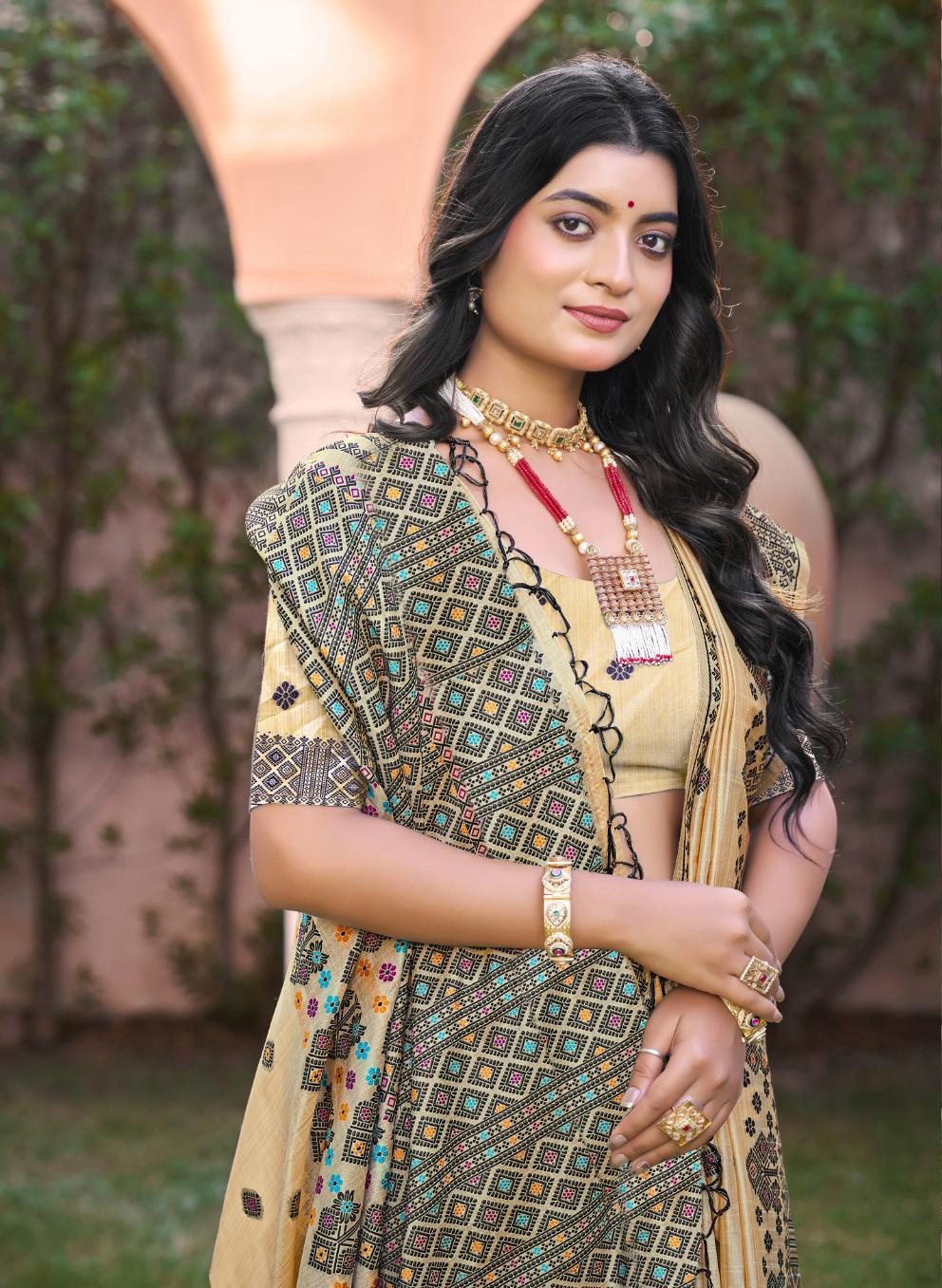 Beige Black Geometric Woven Assam Silk Saree — alternate view