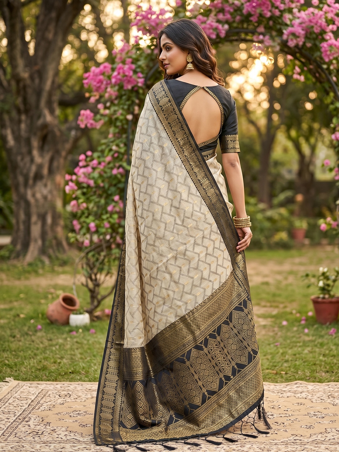 Beige Black Woven Cotton Saree — alternate view