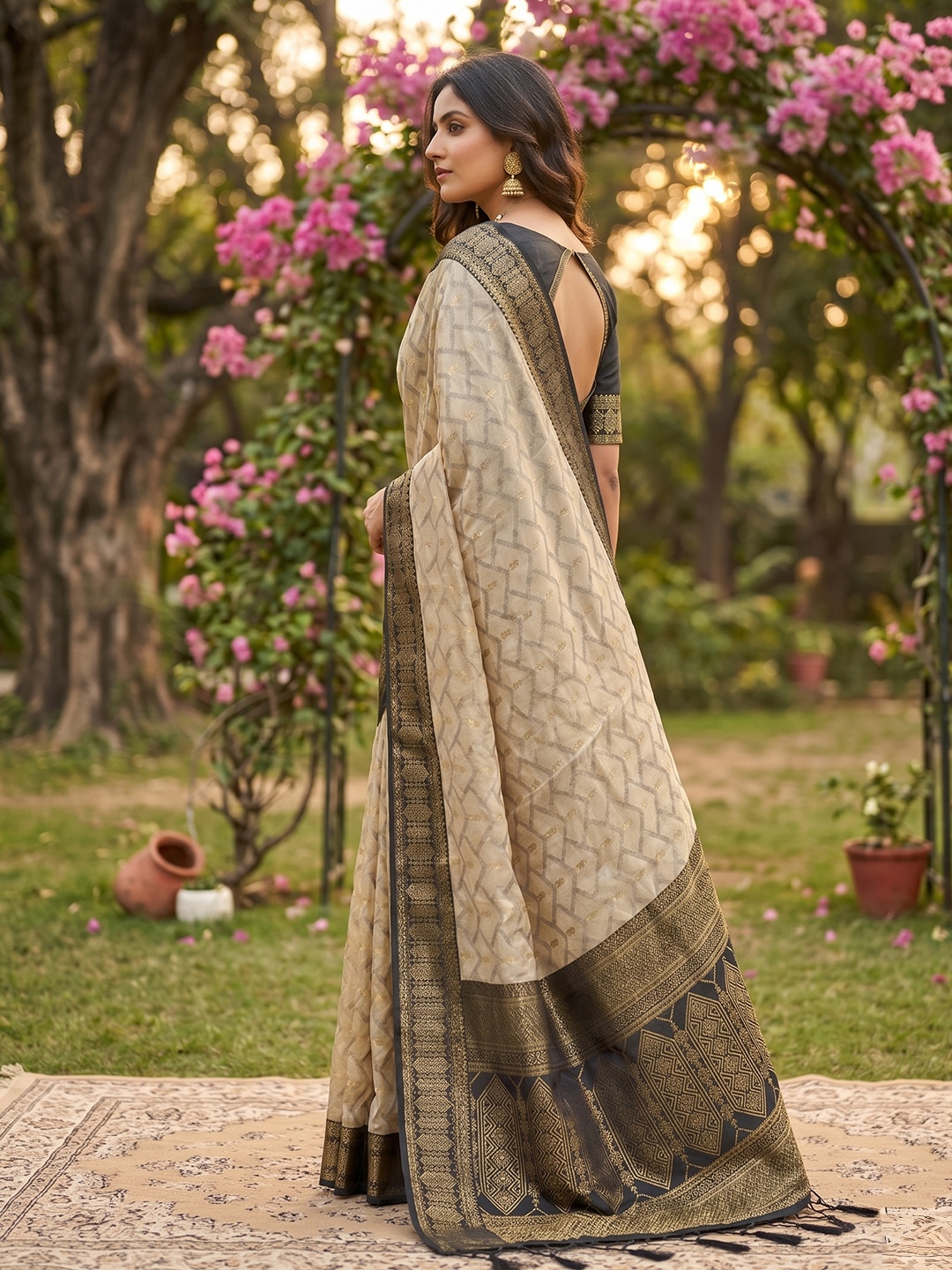 Beige Black Woven Cotton Saree