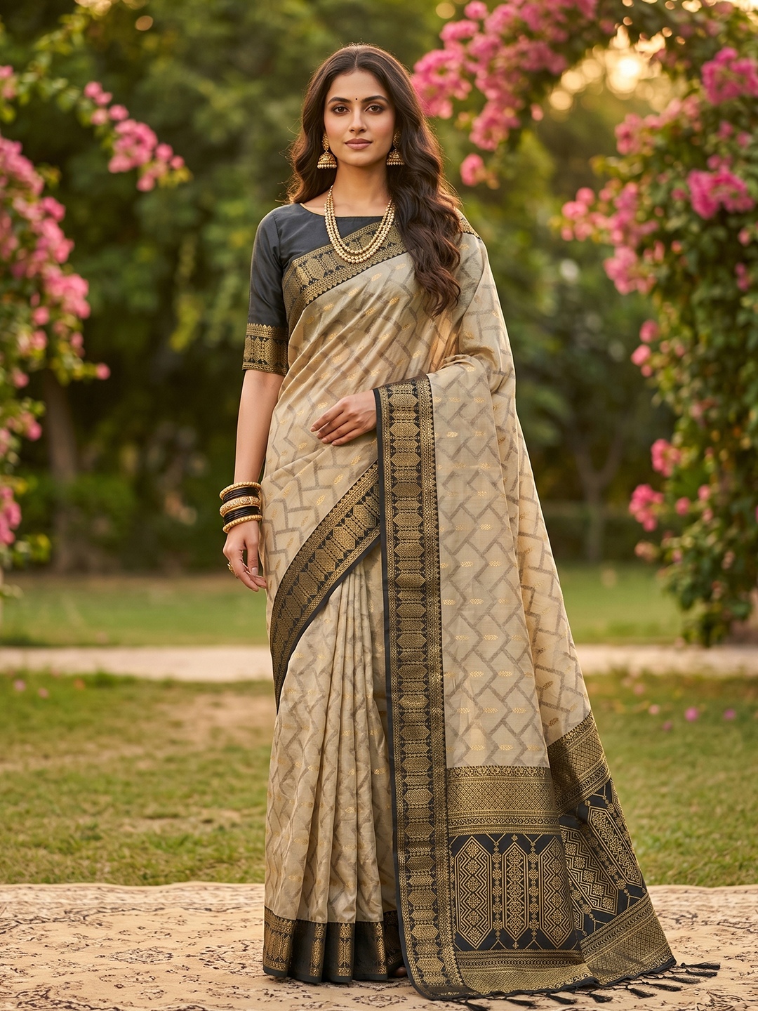 Beige Black Woven Cotton Saree