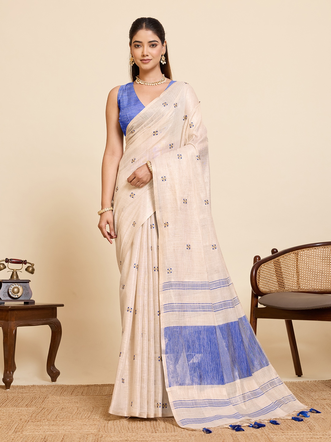 Beige Blue Geometric Woven Linen Silk Designer Saree