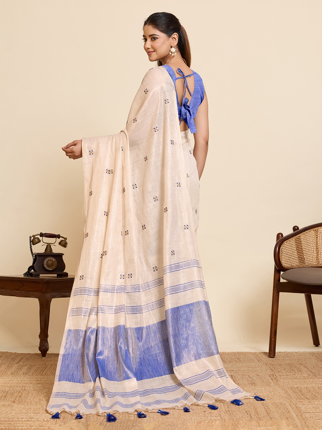 Beige Blue Geometric Woven Linen Silk Designer Saree — alternate view
