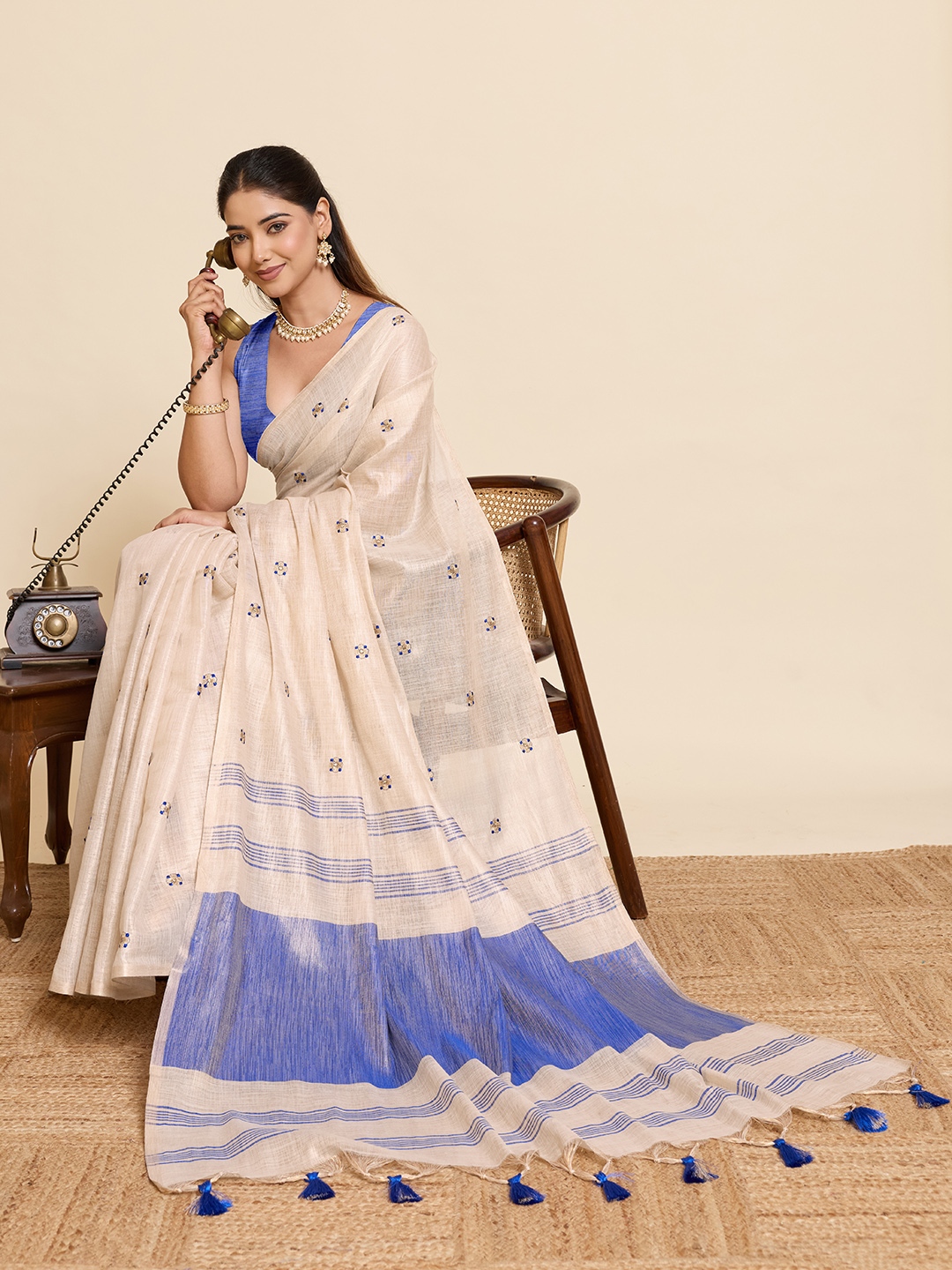 Beige Blue Geometric Woven Linen Silk Designer Saree