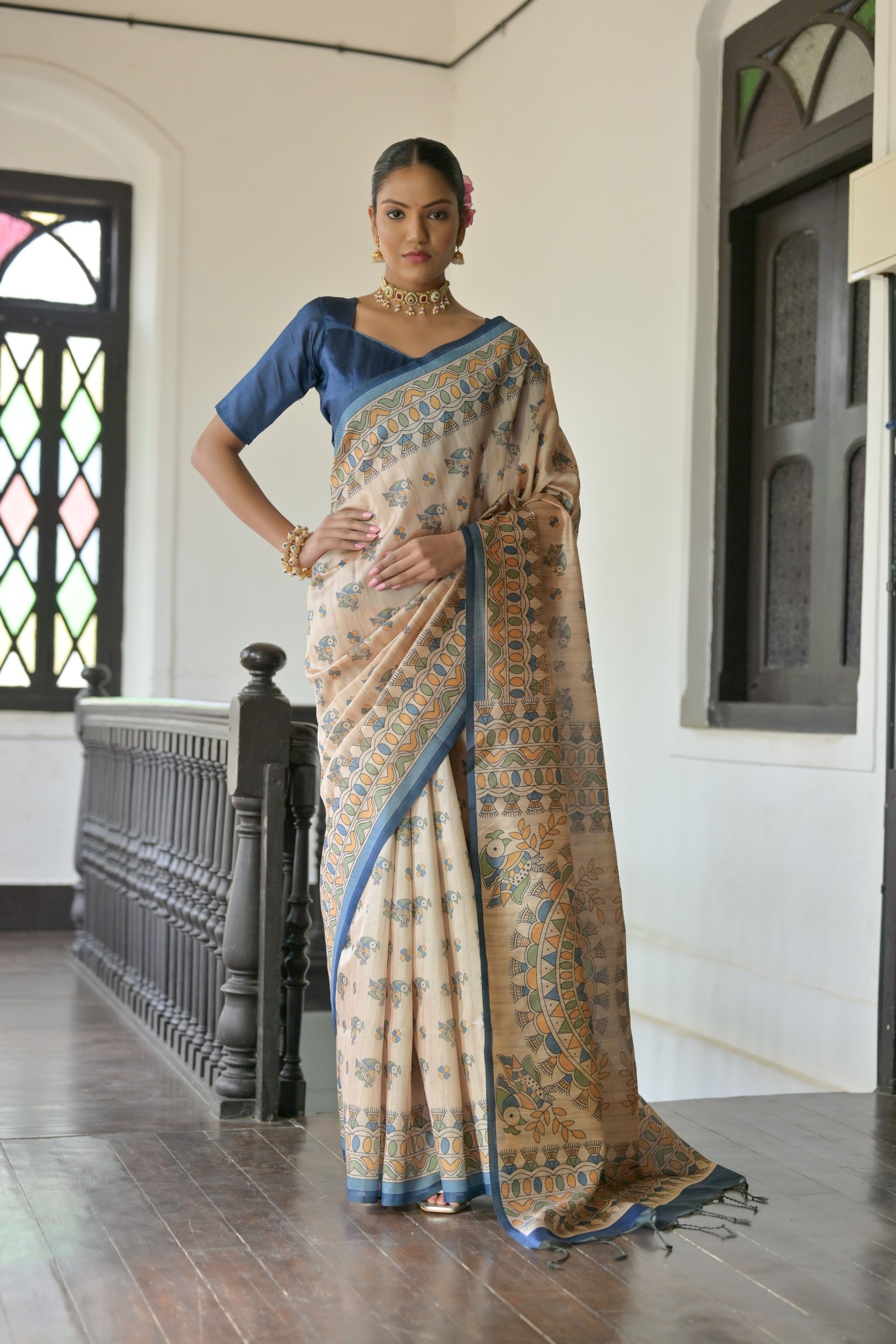 Beige Blue Madhubani Printed Tussar Silk Saree