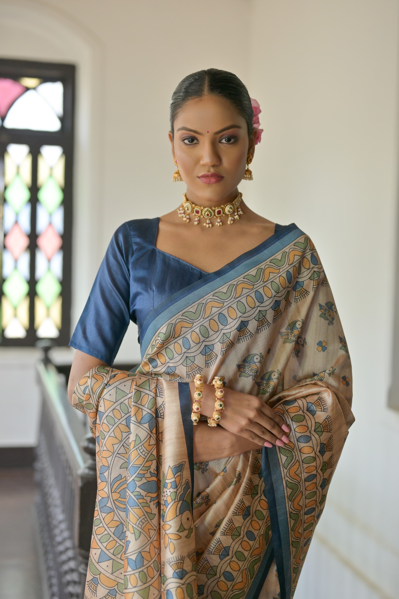 Beige Blue Madhubani Printed Tussar Silk Saree — alternate view