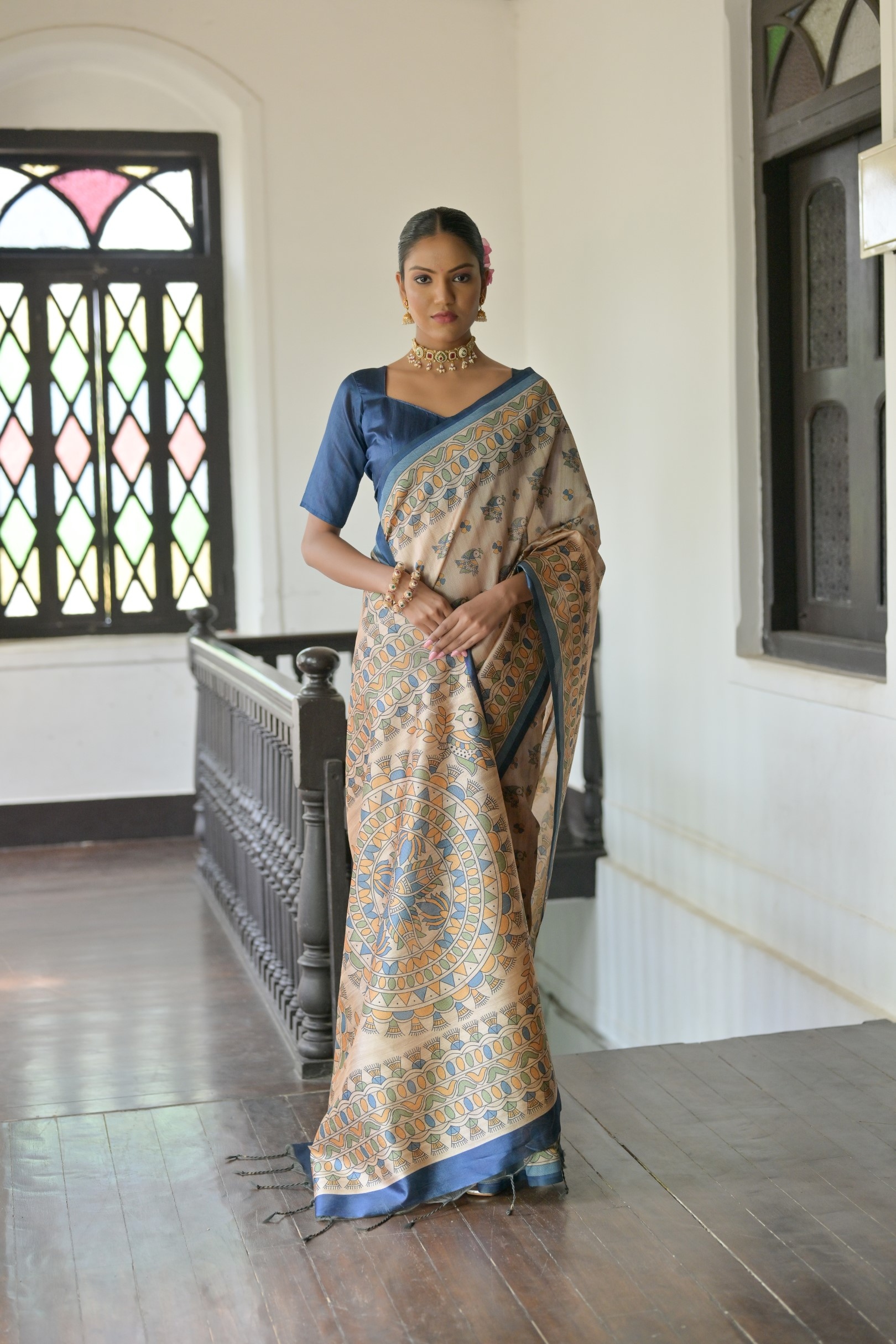 Beige Blue Madhubani Printed Tussar Silk Saree