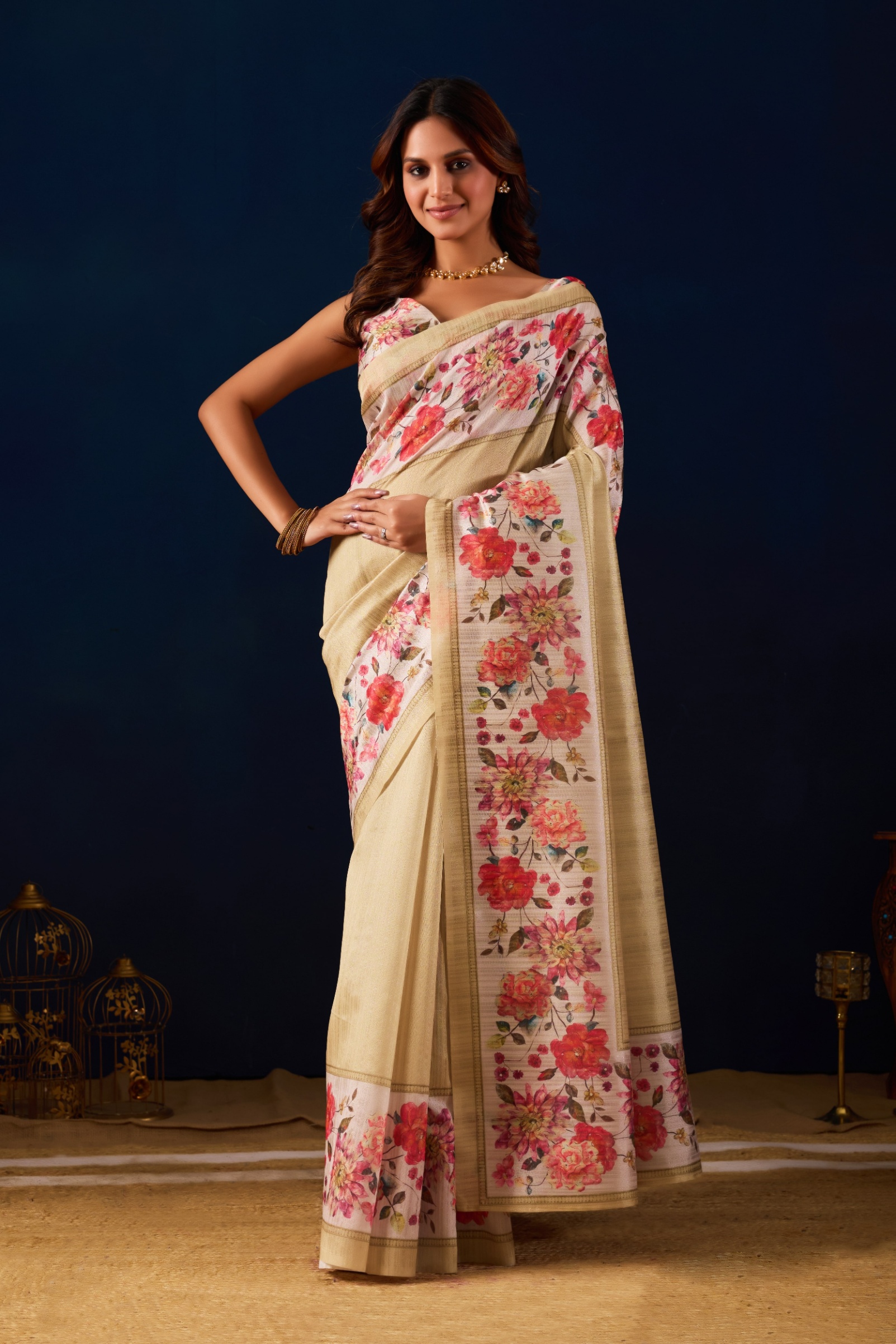 Beige Botanical Floral Jute Silk Ready To Wear Saree