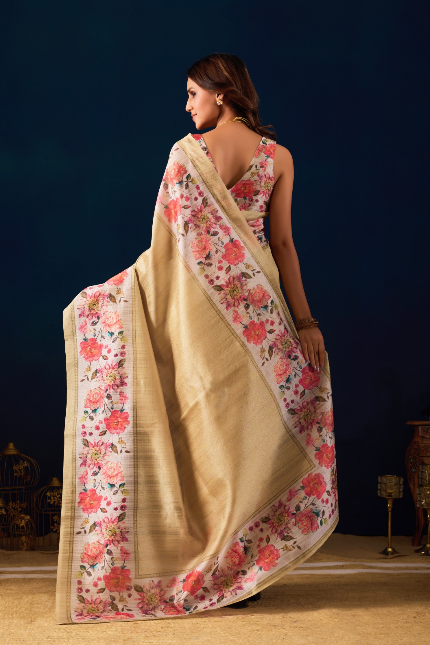 Beige Botanical Floral Jute Silk Ready To Wear Saree — alternate view
