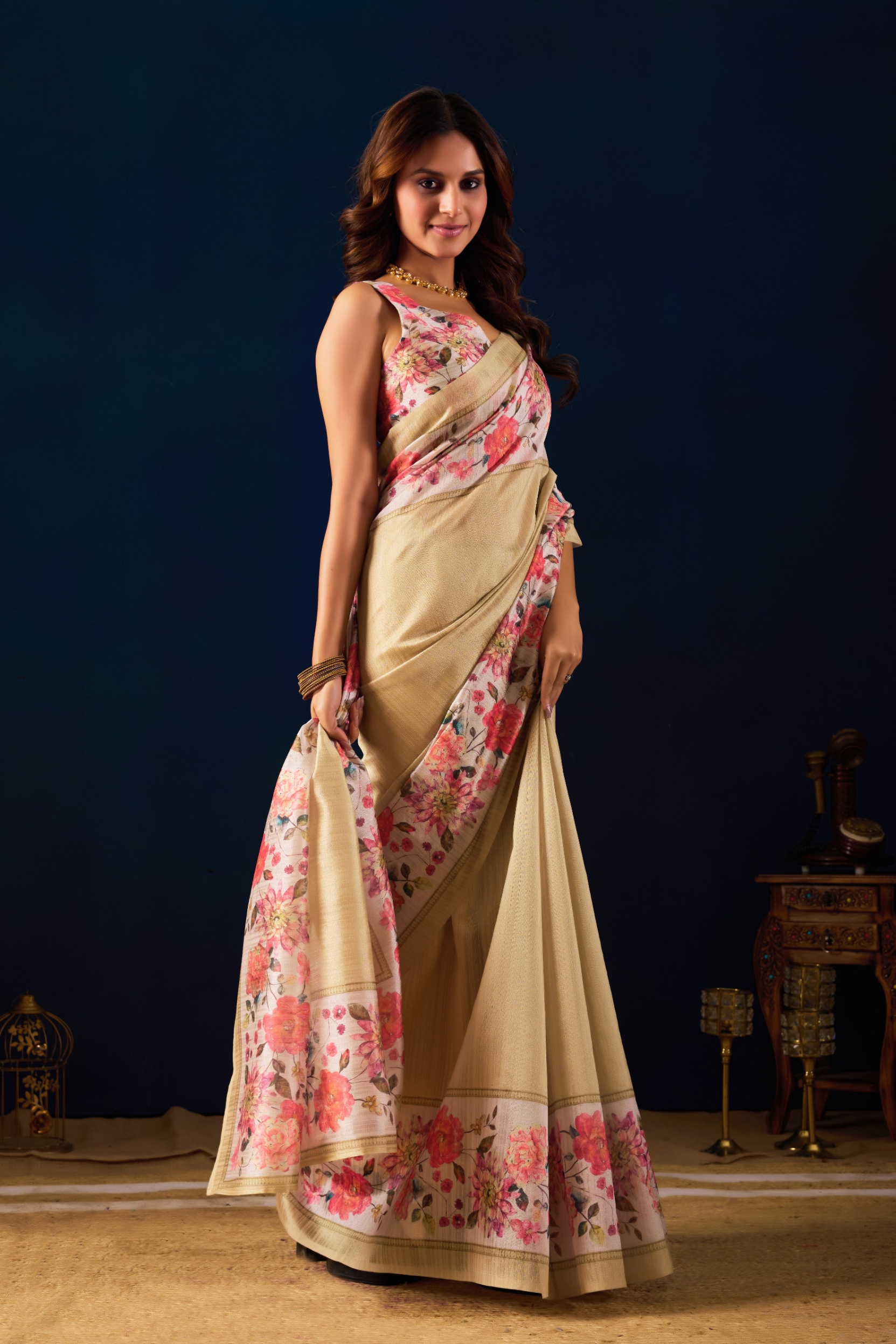 Beige Botanical Floral Jute Silk Ready To Wear Saree