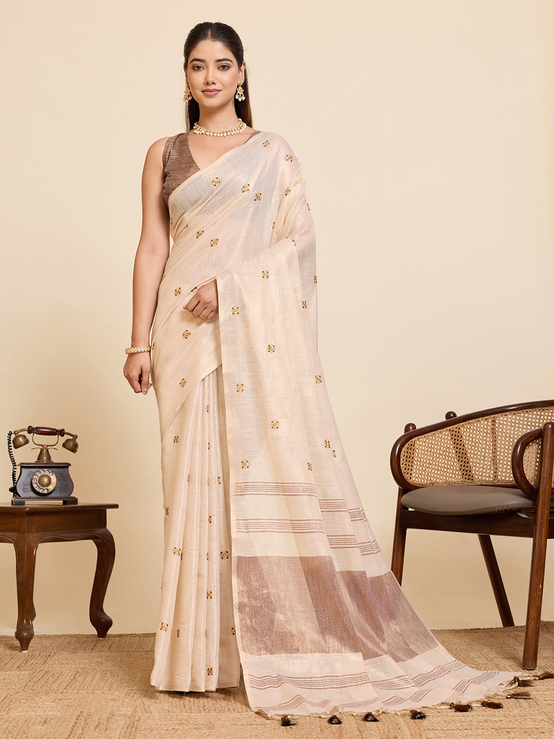Beige Brown Geometric Woven Linen Silk Designer Saree