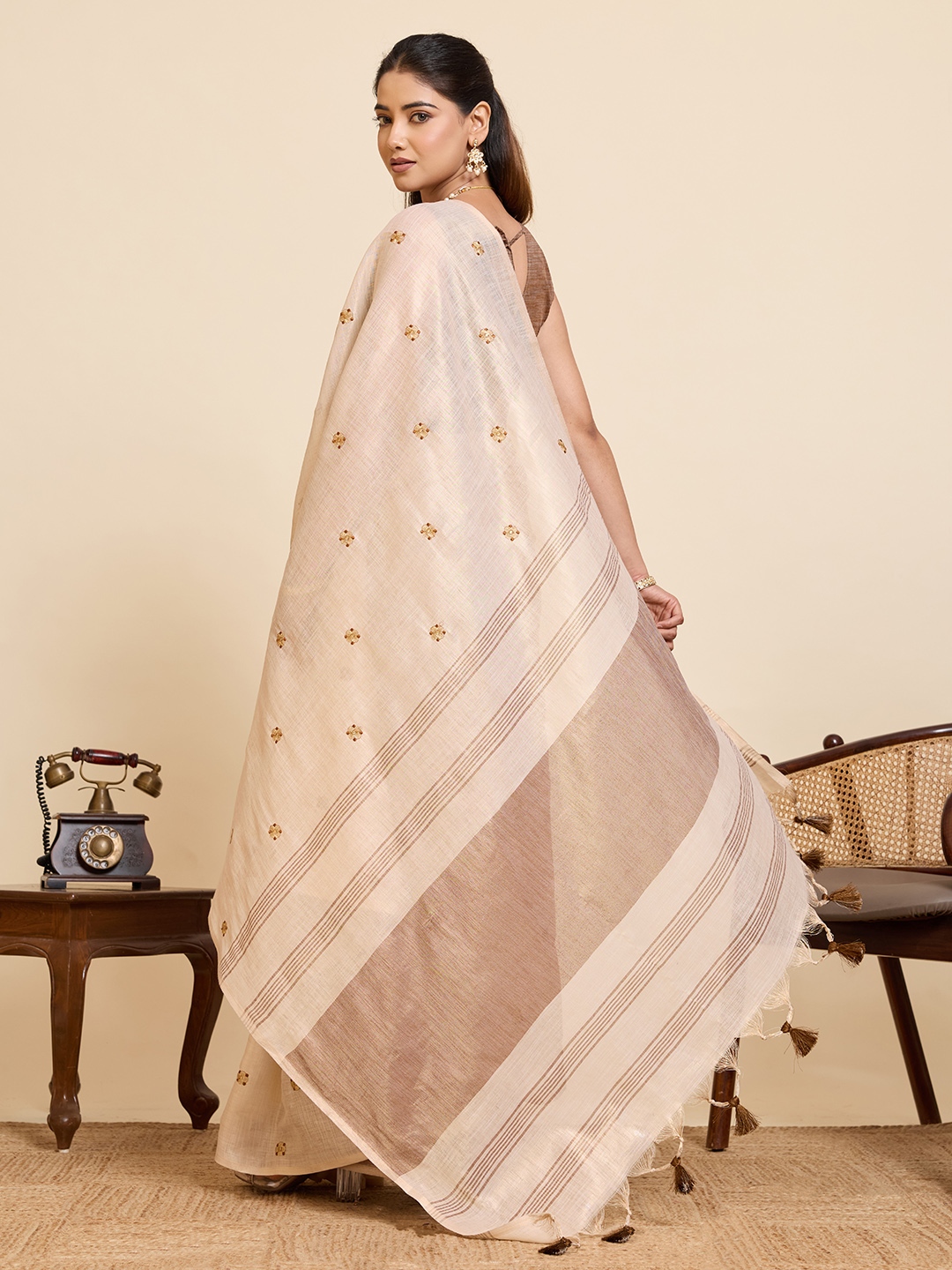 Beige Brown Geometric Woven Linen Silk Designer Saree — alternate view