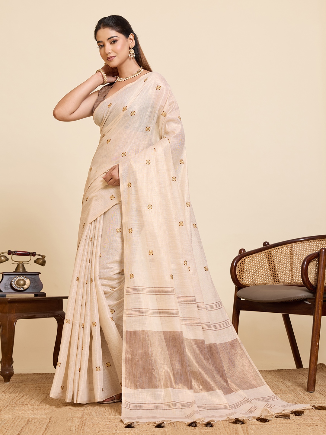 Beige Brown Geometric Woven Linen Silk Designer Saree