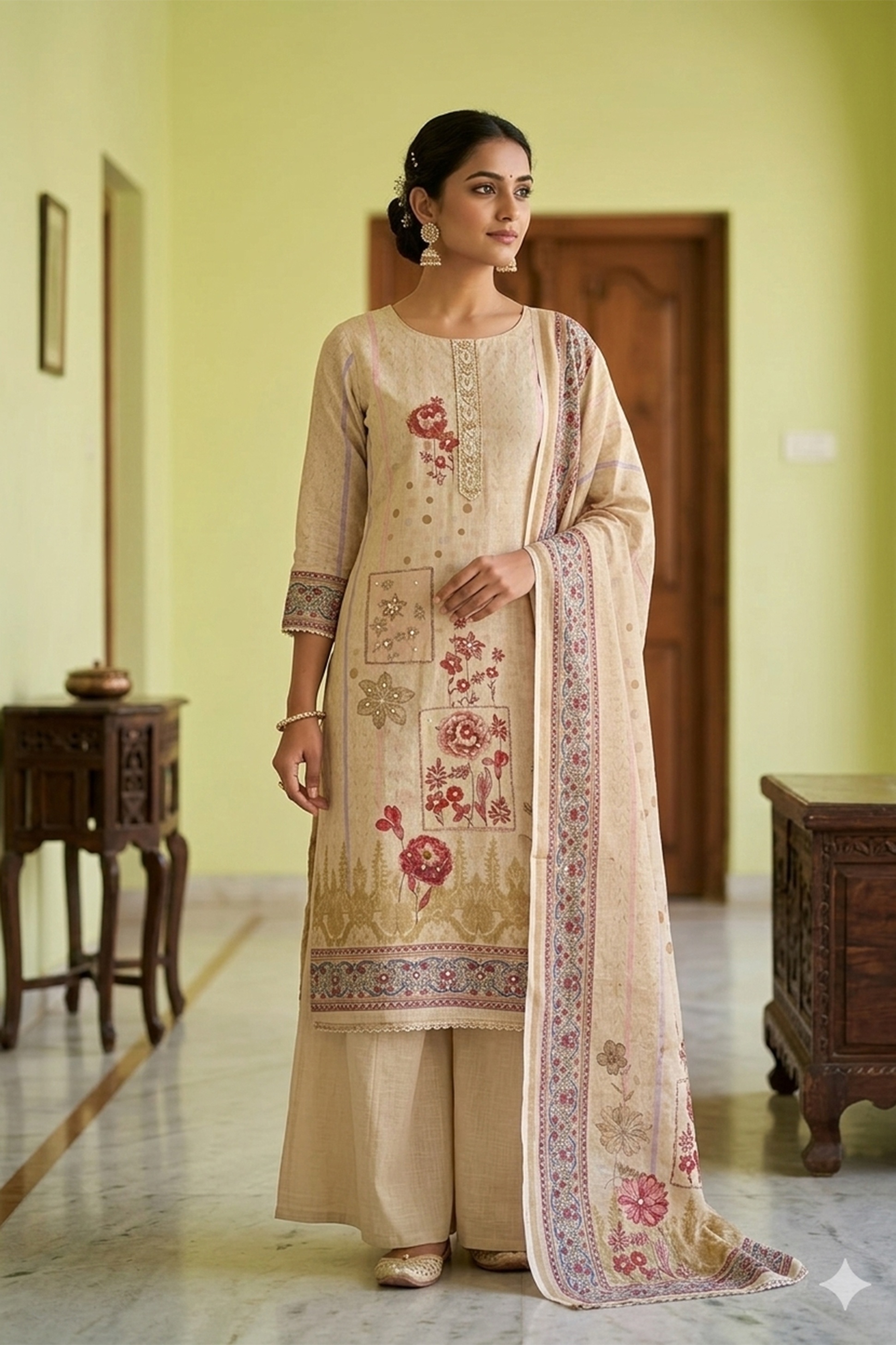 Beige Brown Straight Floral Simmer Cotton Salwar Suit