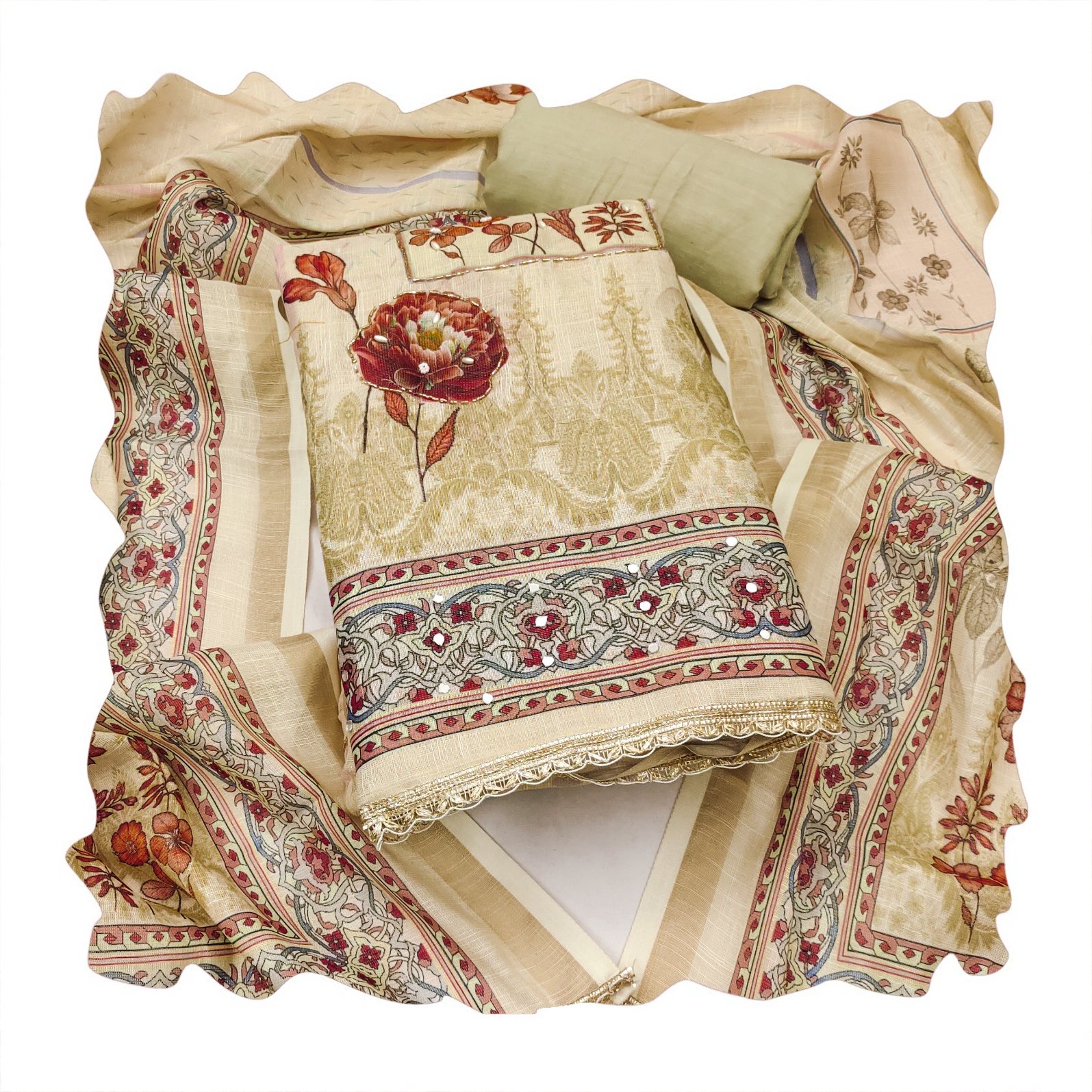 Beige Brown Straight Floral Simmer Cotton Salwar Suit — alternate view