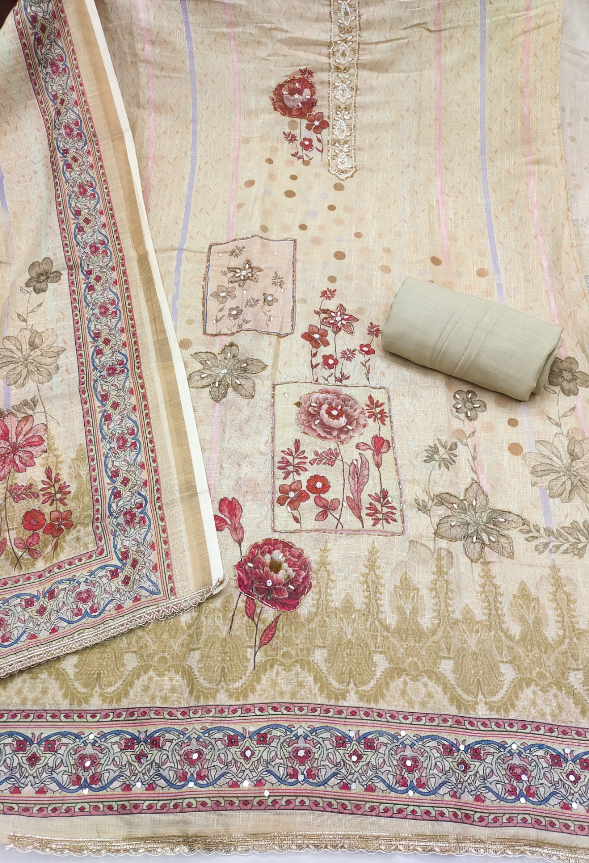 Beige Brown Straight Floral Simmer Cotton Salwar Suit