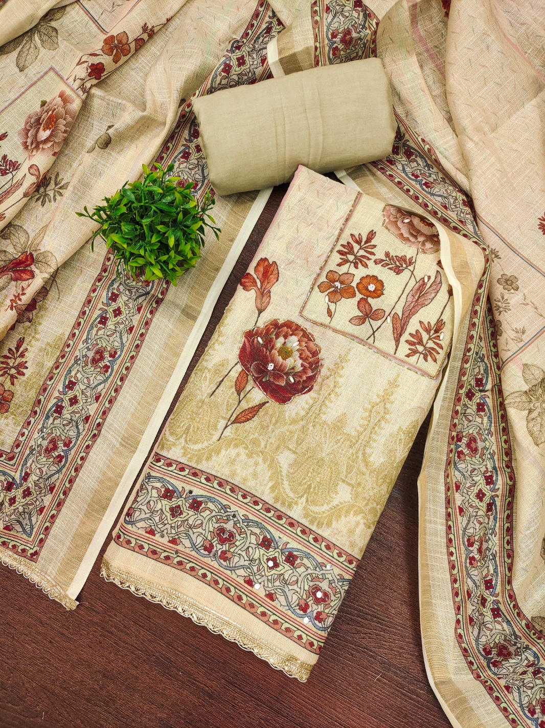 Beige Brown Straight Floral Simmer Cotton Salwar Suit