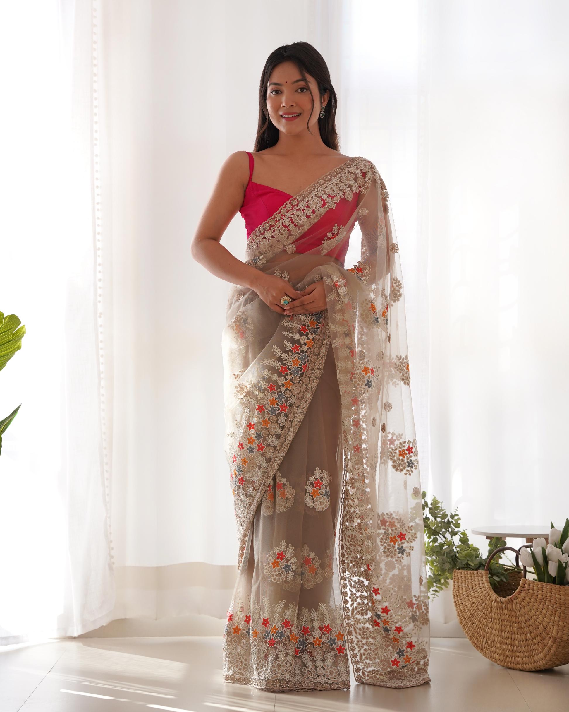 Beige Butterfly Net Saree
