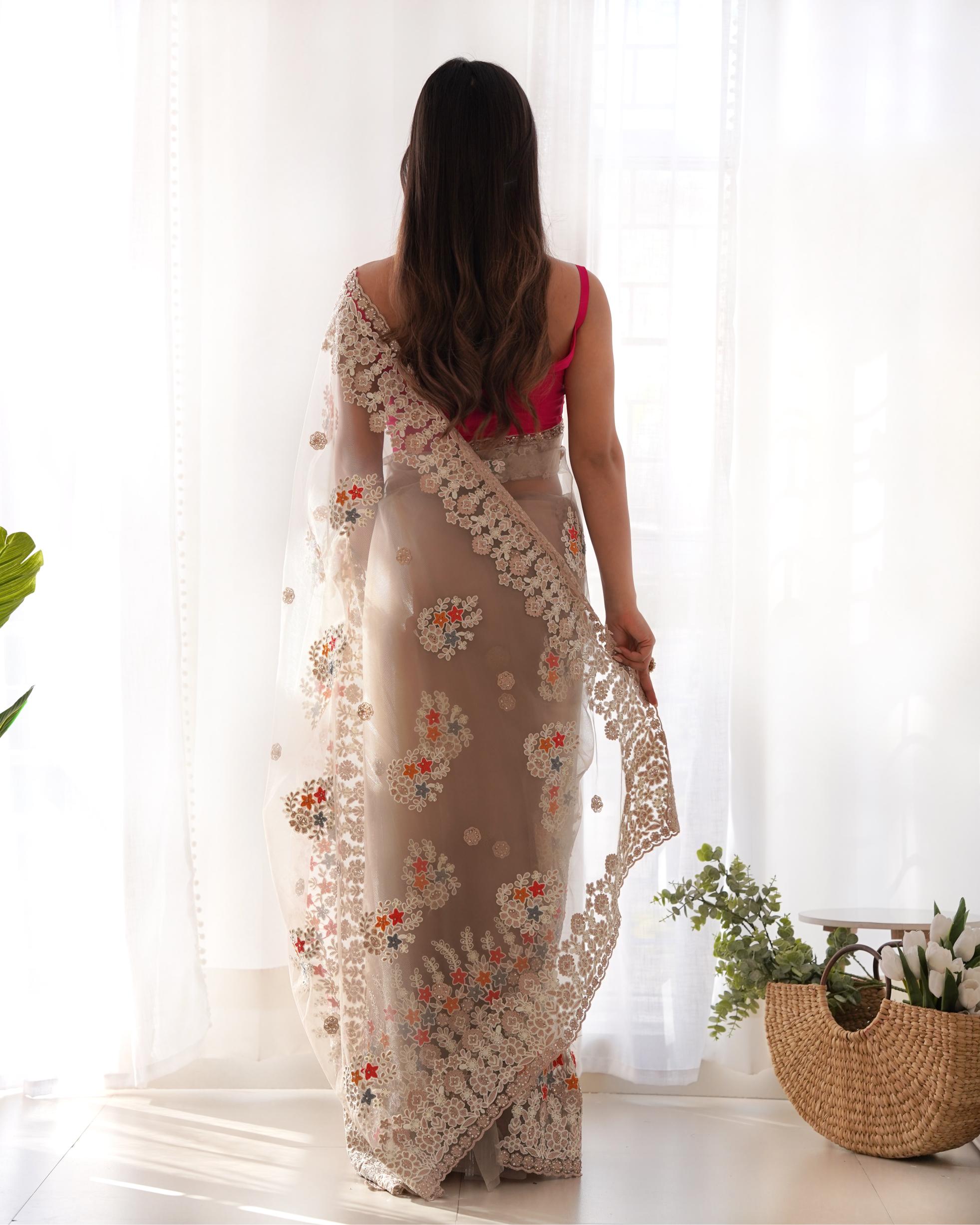 Beige Butterfly Net Saree — alternate view