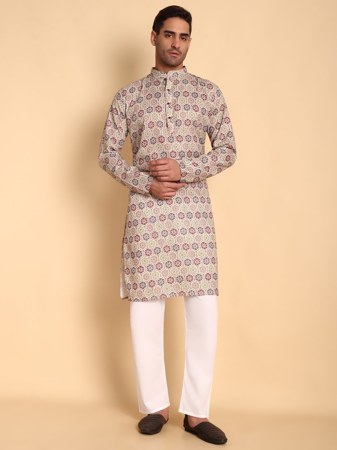Beige Butti Designer Printed Cotton Kurta Pyjama