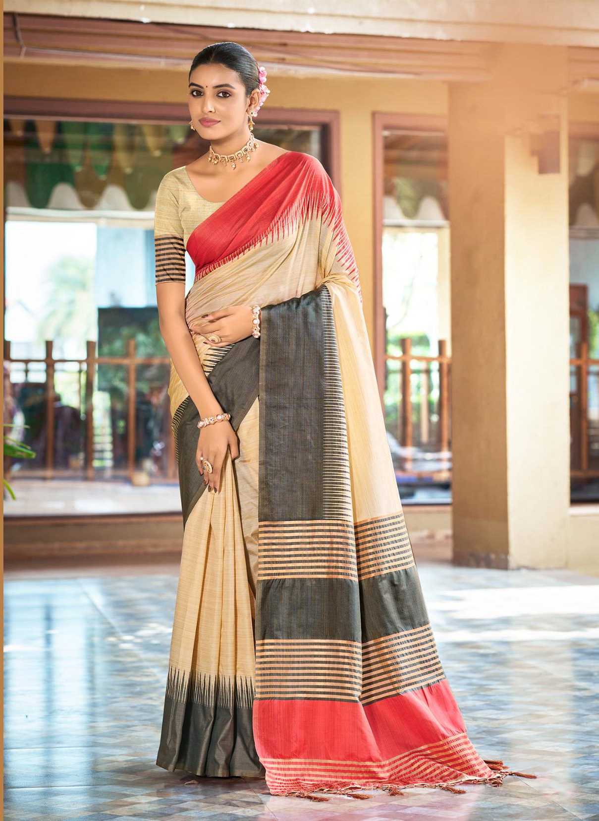 Beige Charcoal Grey Striped Woven Slub Silk Saree
