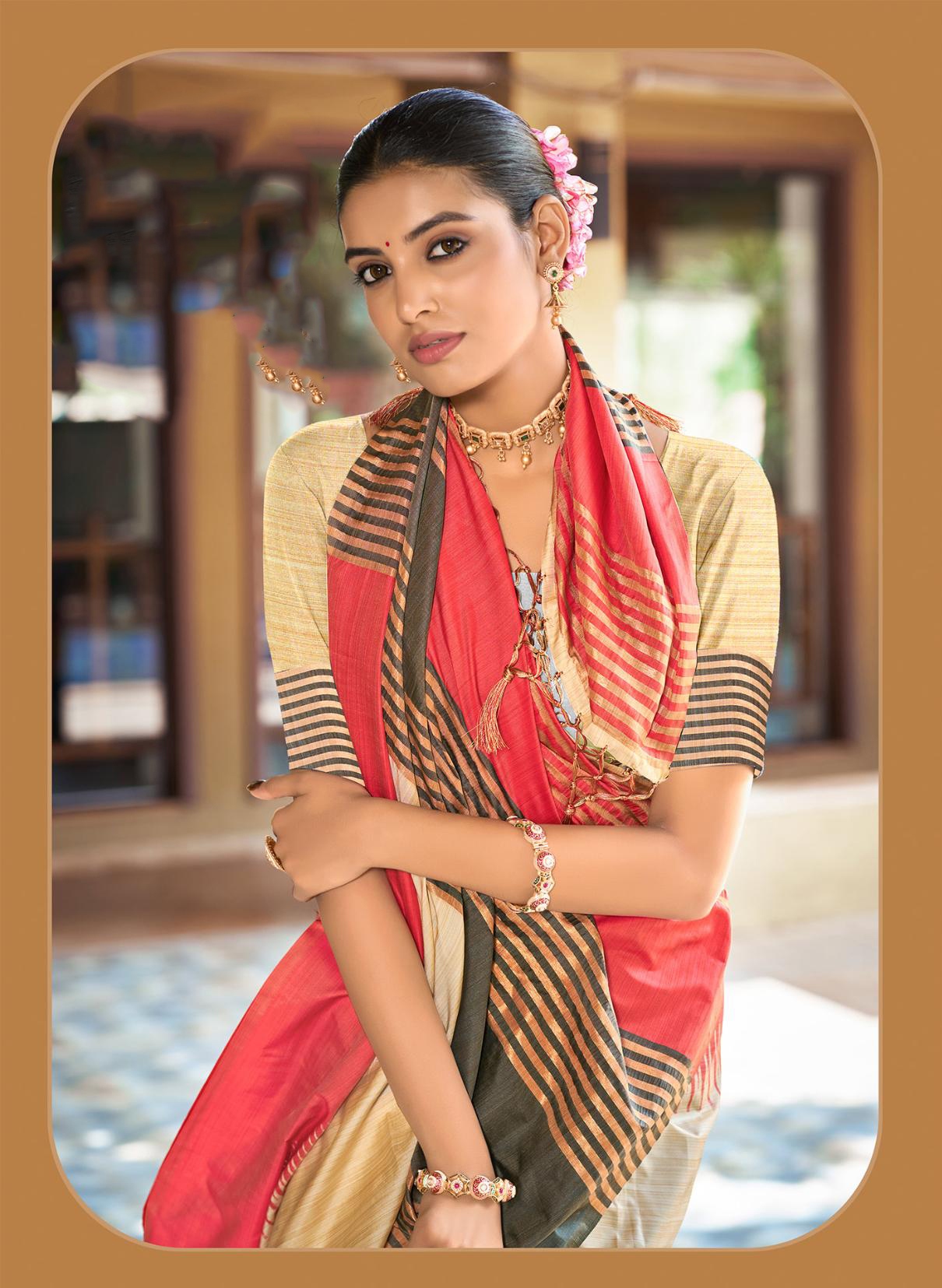 Beige Charcoal Grey Striped Woven Slub Silk Saree