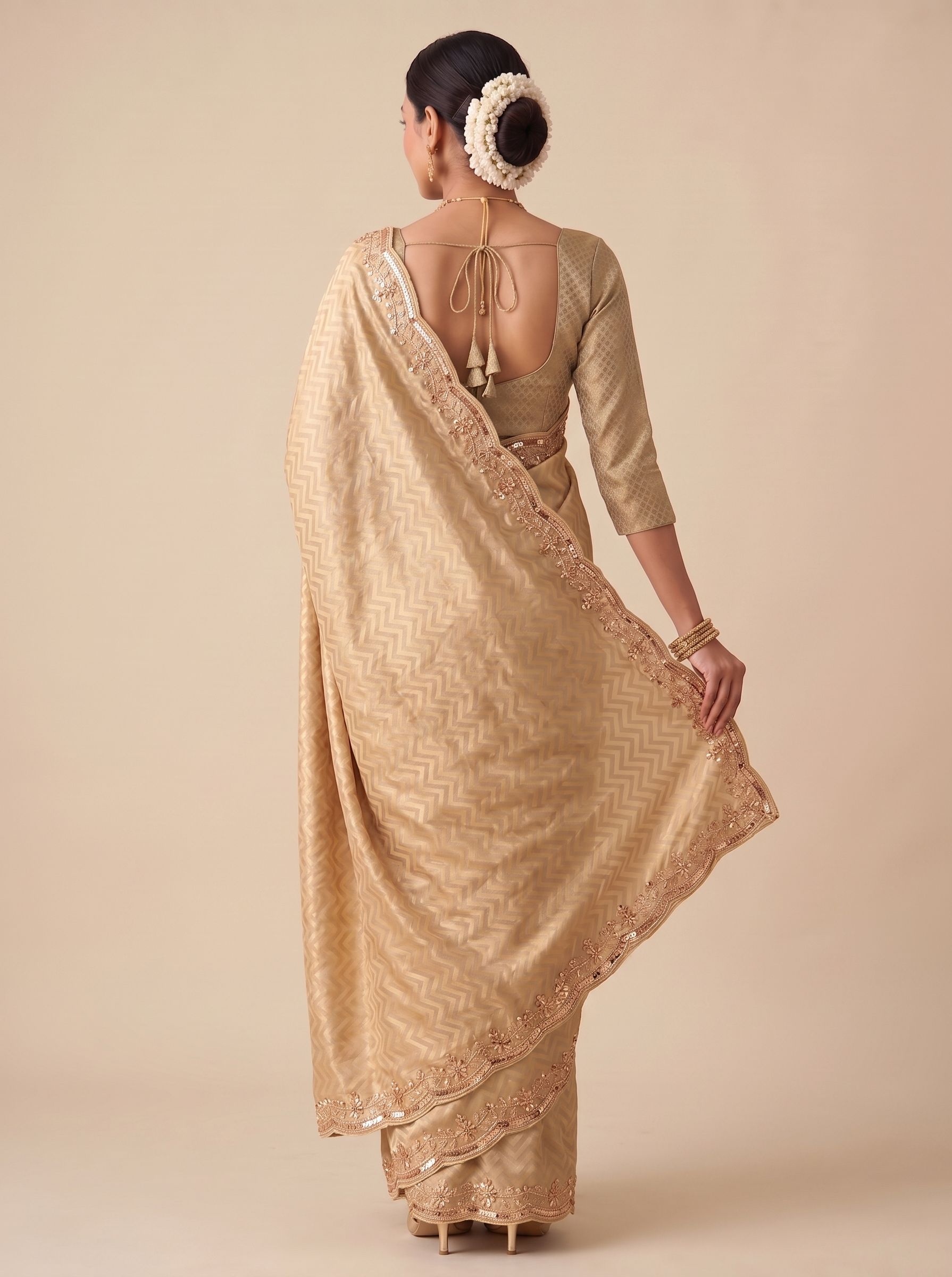 Beige Chevron Hand Work Banarasi Silk Saree — alternate view