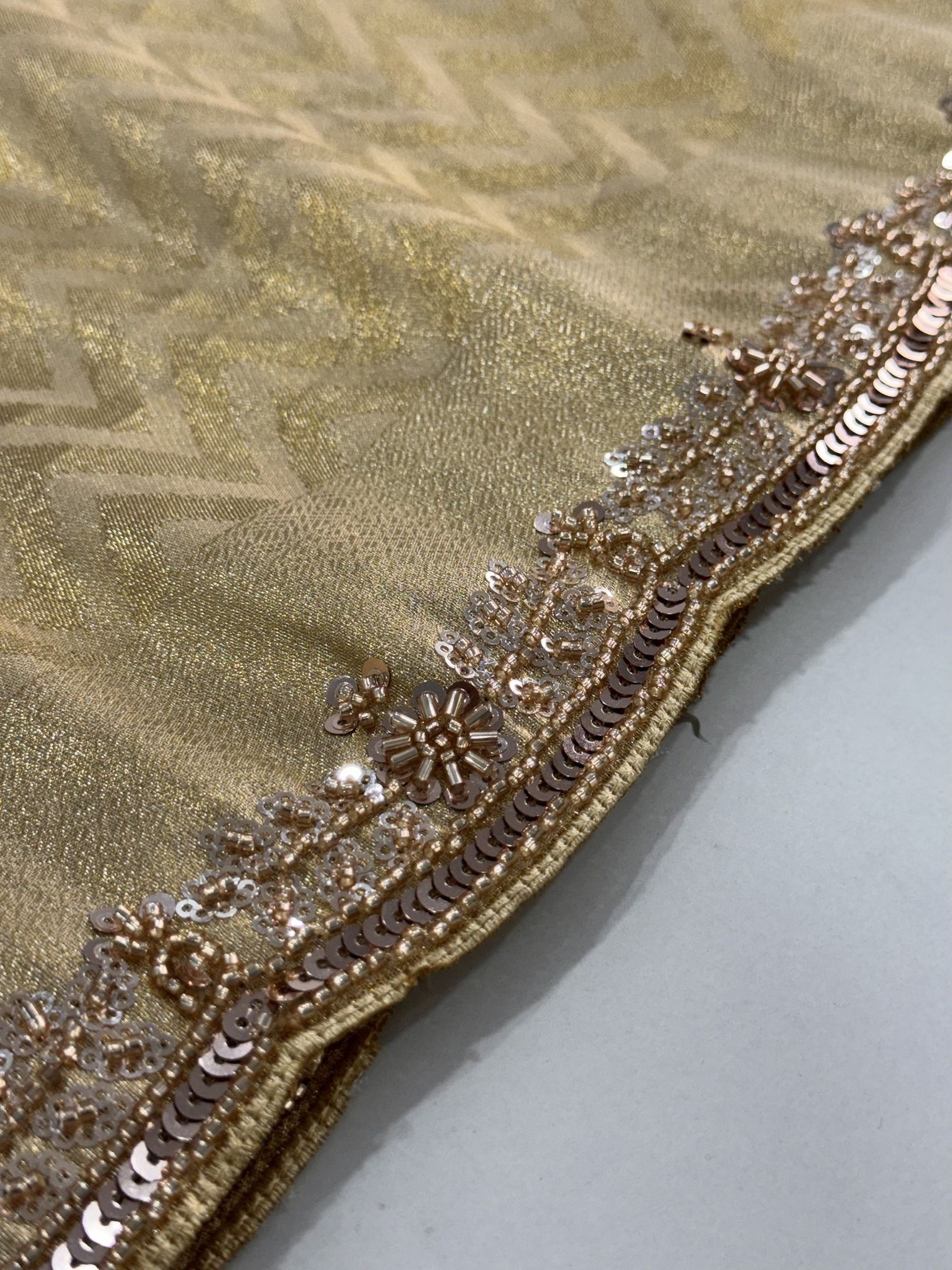 Beige Chevron Hand Work Banarasi Silk Saree