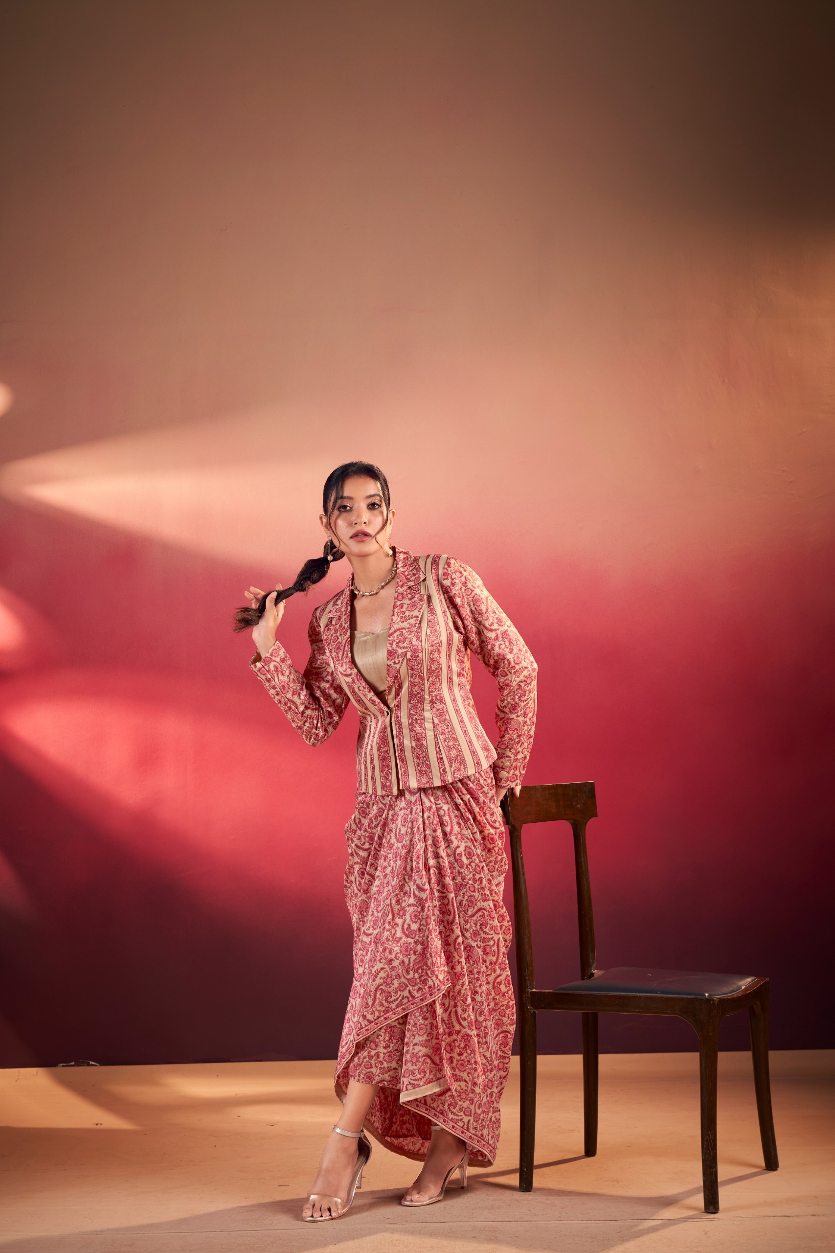 Beige Contemporary Motif Printed Tussar Silk Drape Indo Western