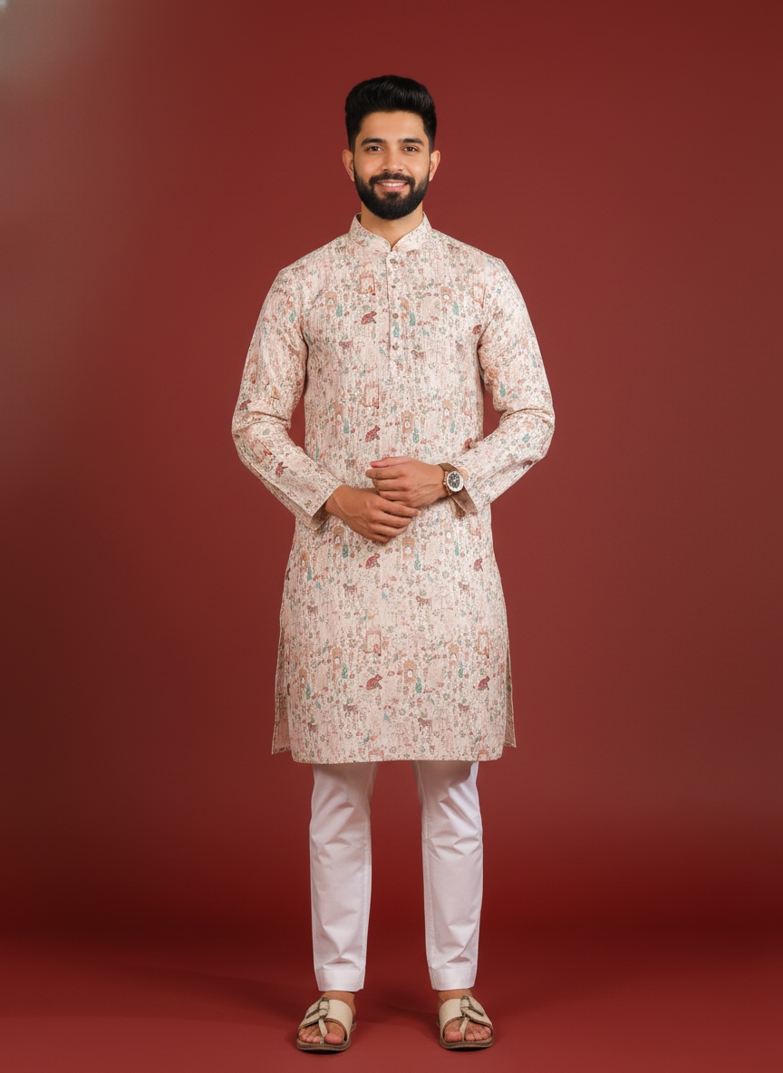 Beige Cotton Designer Kurta Pyjama
