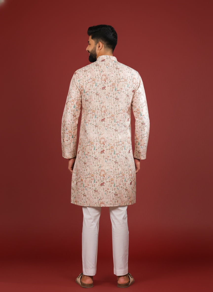 Beige Cotton Designer Kurta Pyjama — alternate view