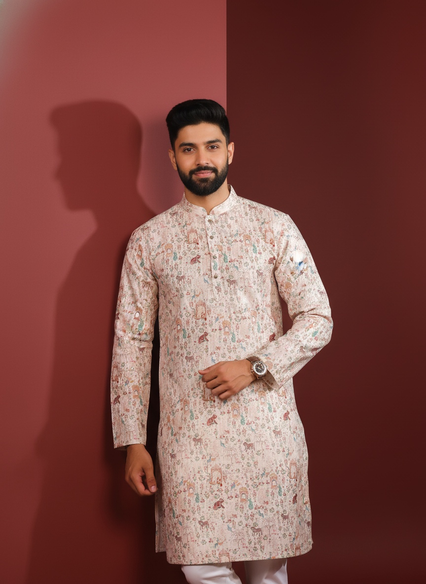 Beige Cotton Designer Kurta Pyjama