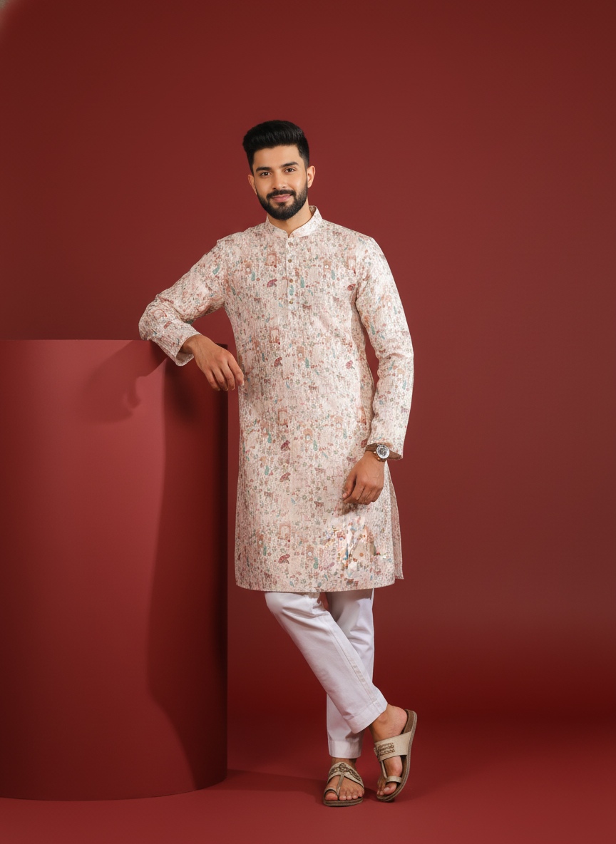 Beige Cotton Designer Kurta Pyjama