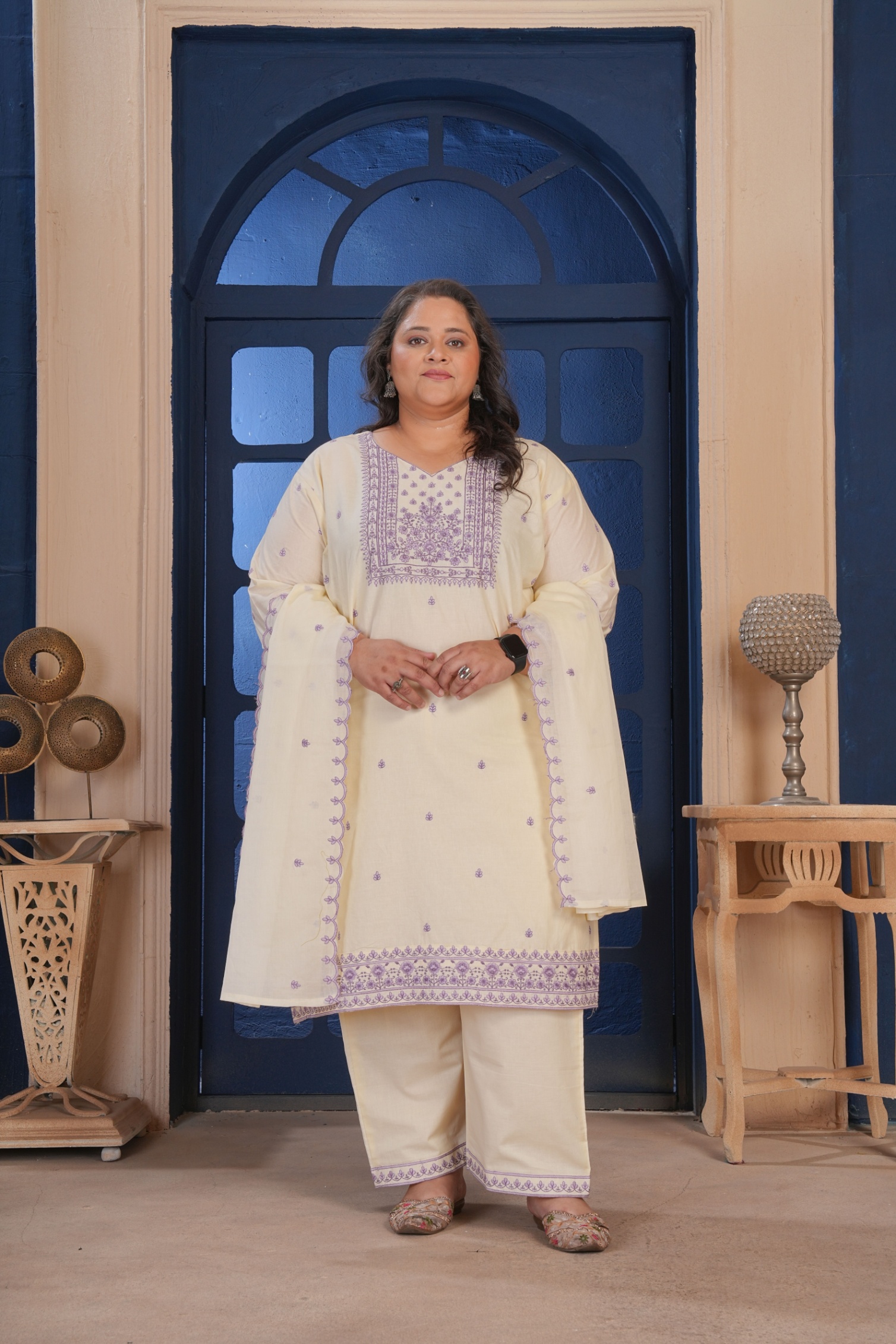Beige Cotton Mughal Threadwork Straight Kurta Set