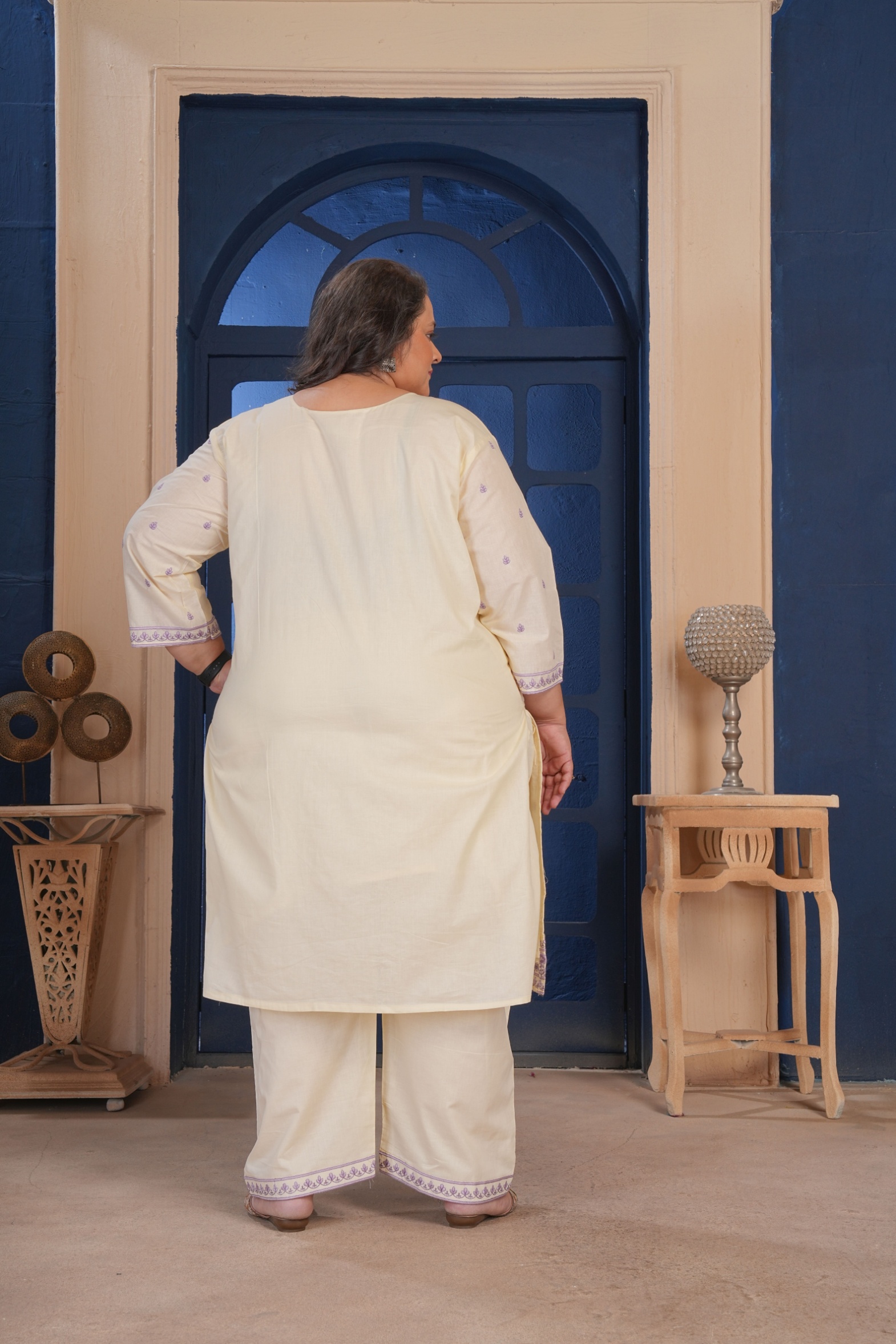 Beige Cotton Mughal Threadwork Straight Kurta Set — alternate view