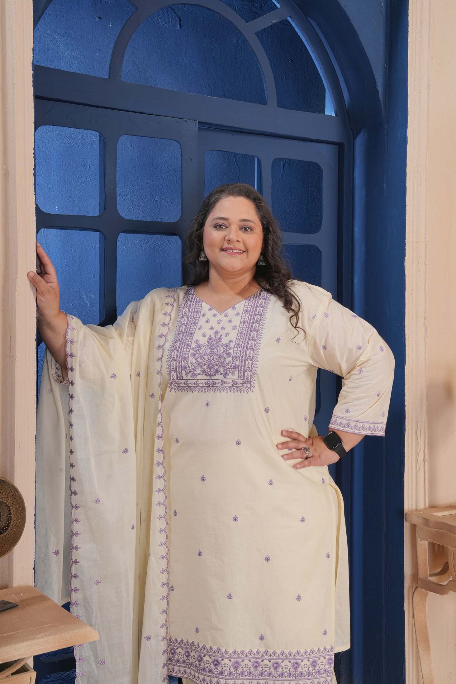 Beige Cotton Mughal Threadwork Straight Kurta Set