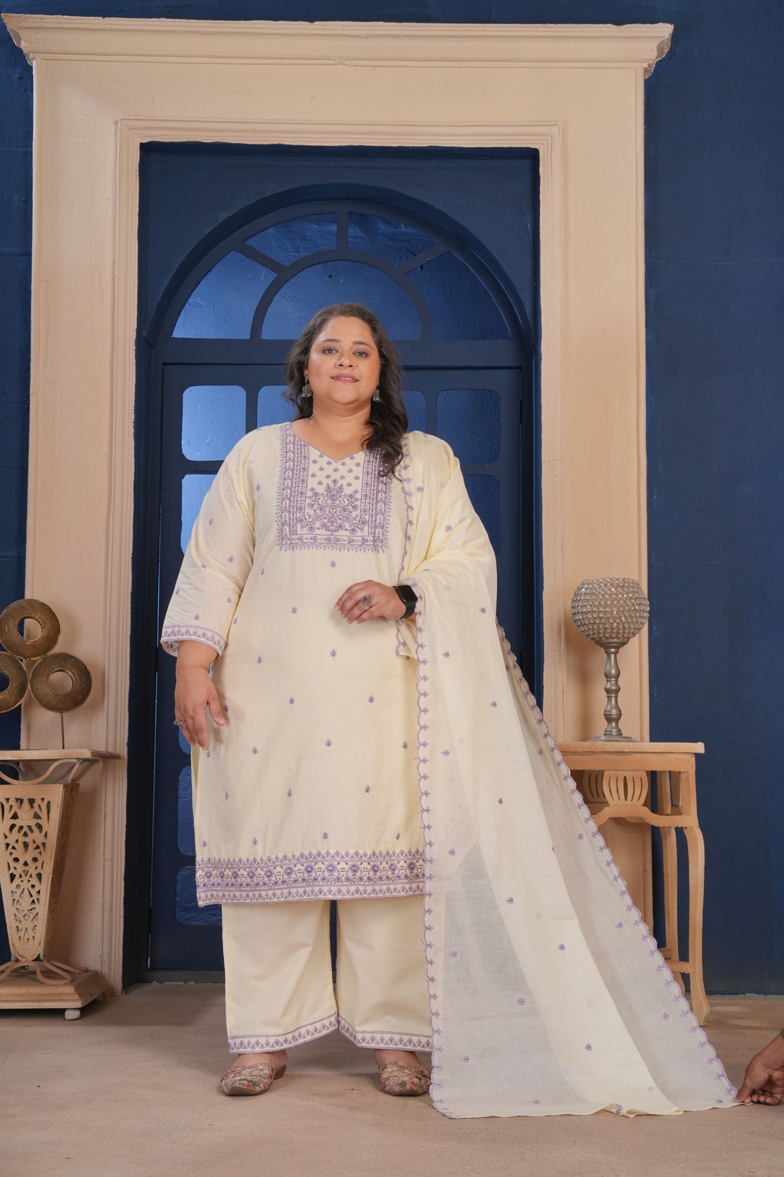 Beige Cotton Mughal Threadwork Straight Kurta Set