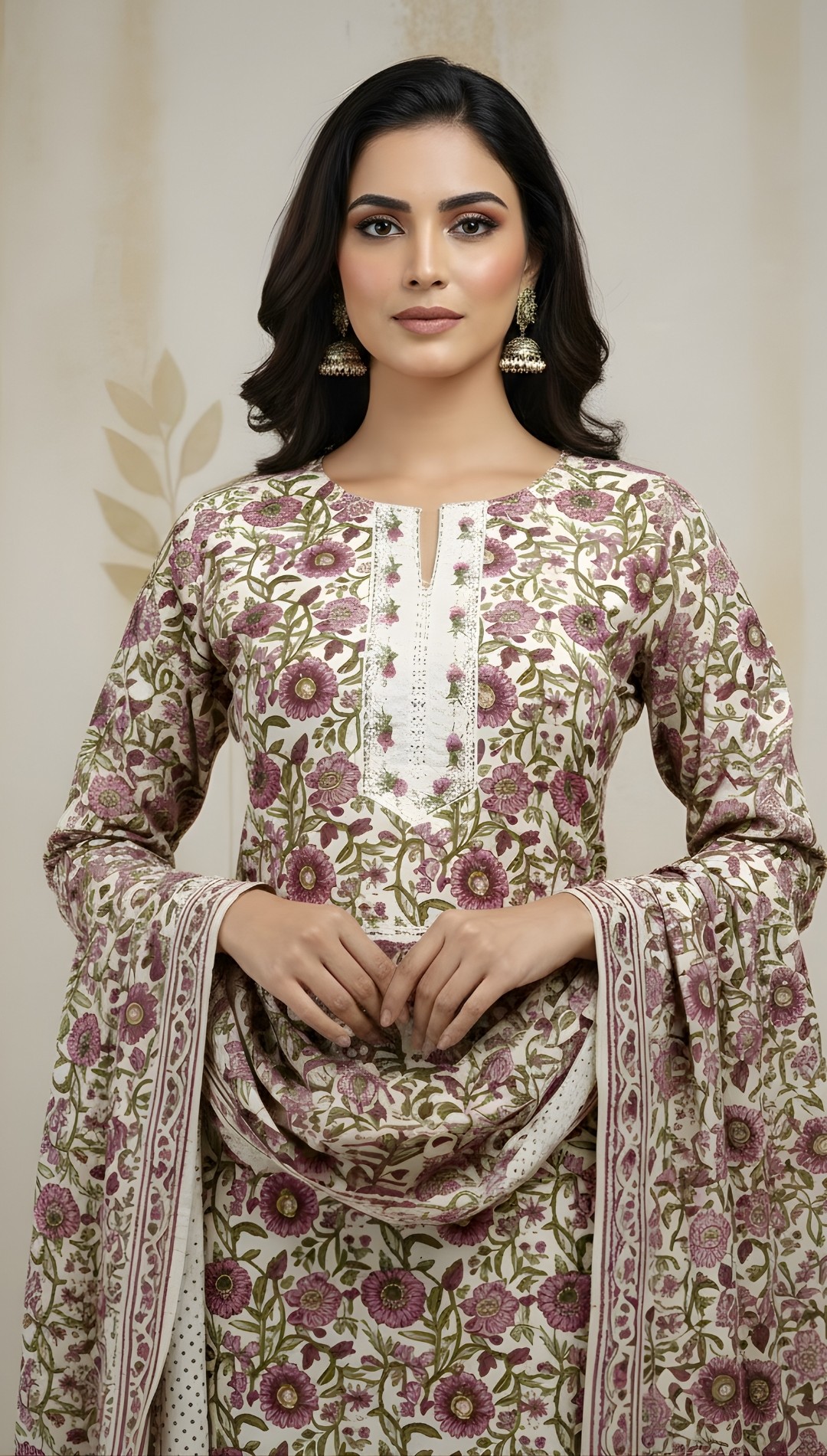 Beige Cotton Printed Embroidered Salwar Suit