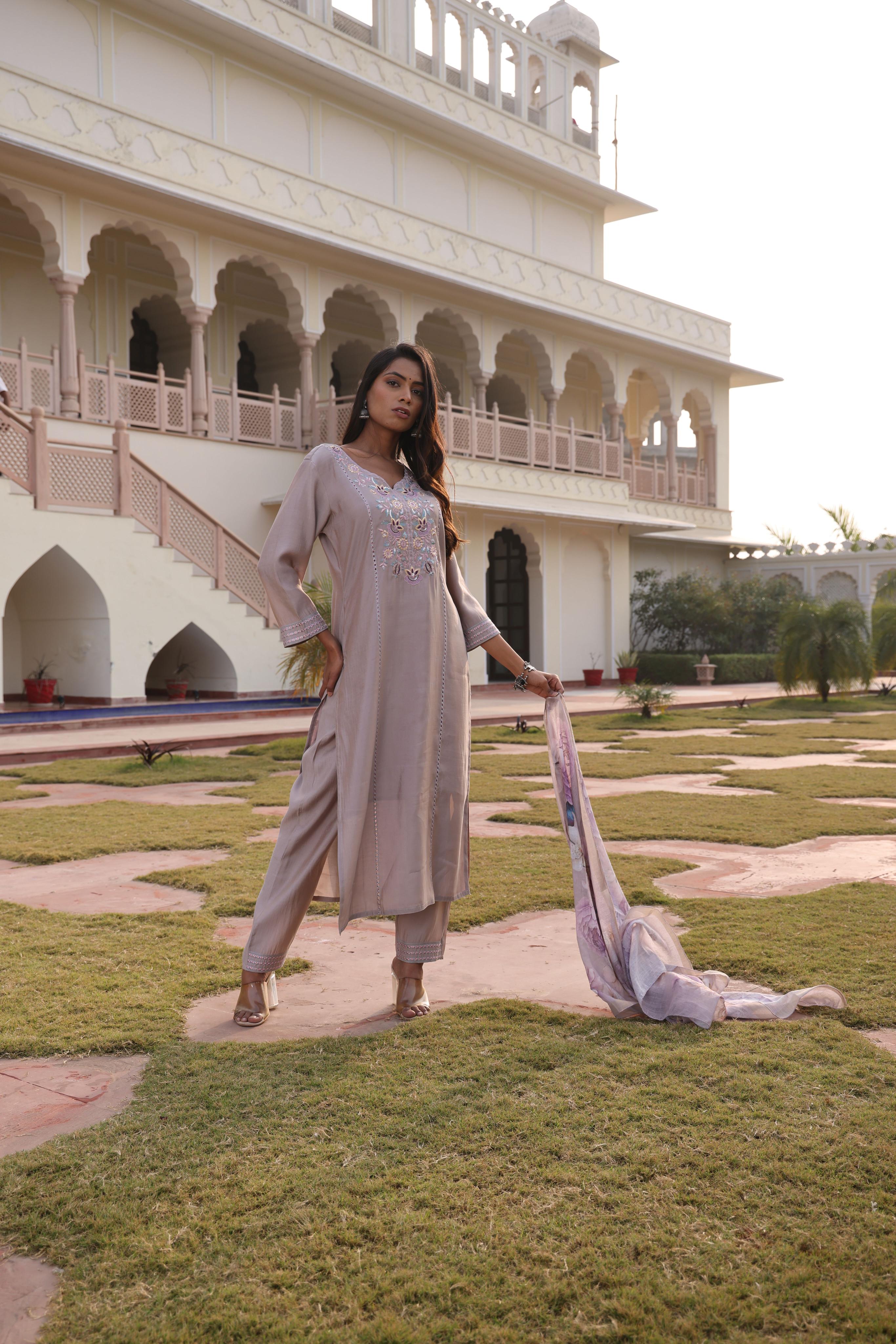 Beige Cotton Silk Embroidered Readymade Suit