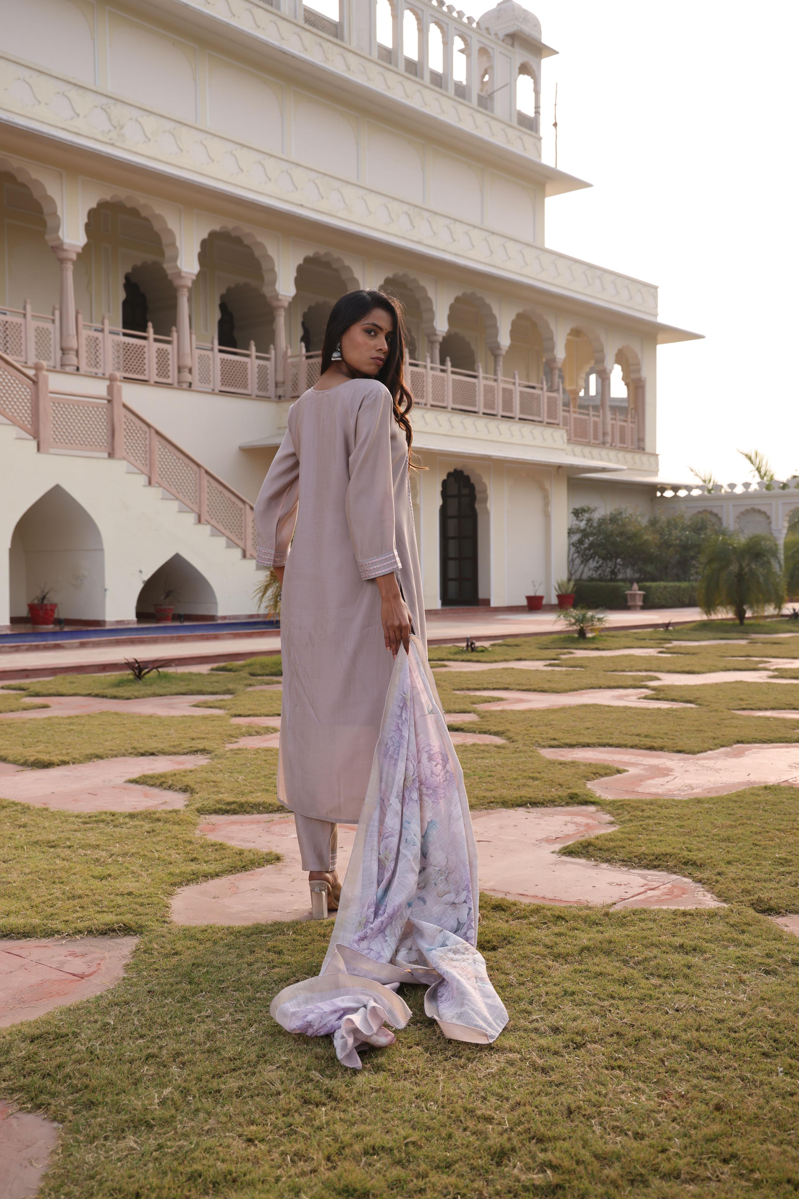 Beige Cotton Silk Embroidered Readymade Suit — alternate view